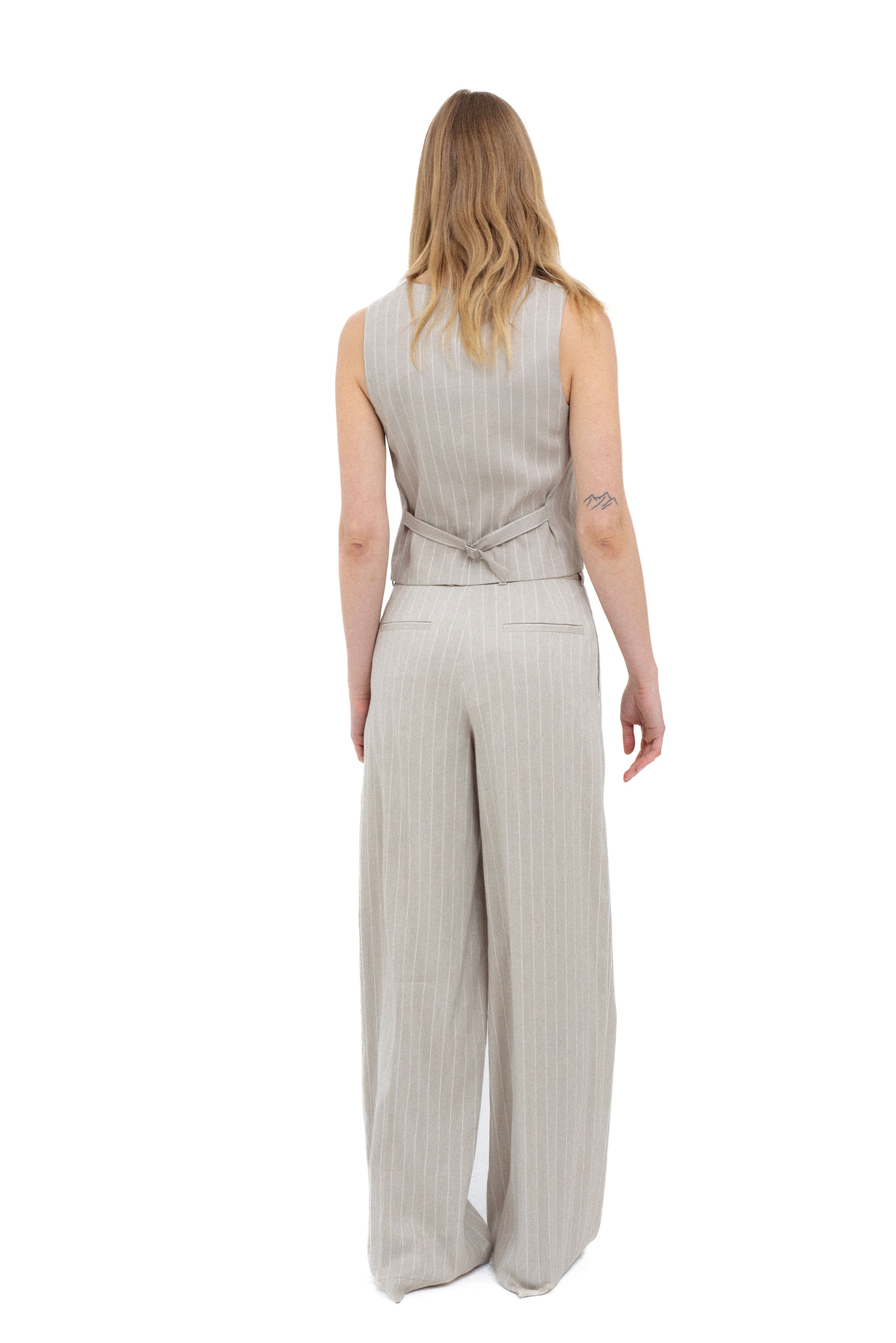 PINSTRIPE LINEN BLEND WIDE-LEG TROUSERS