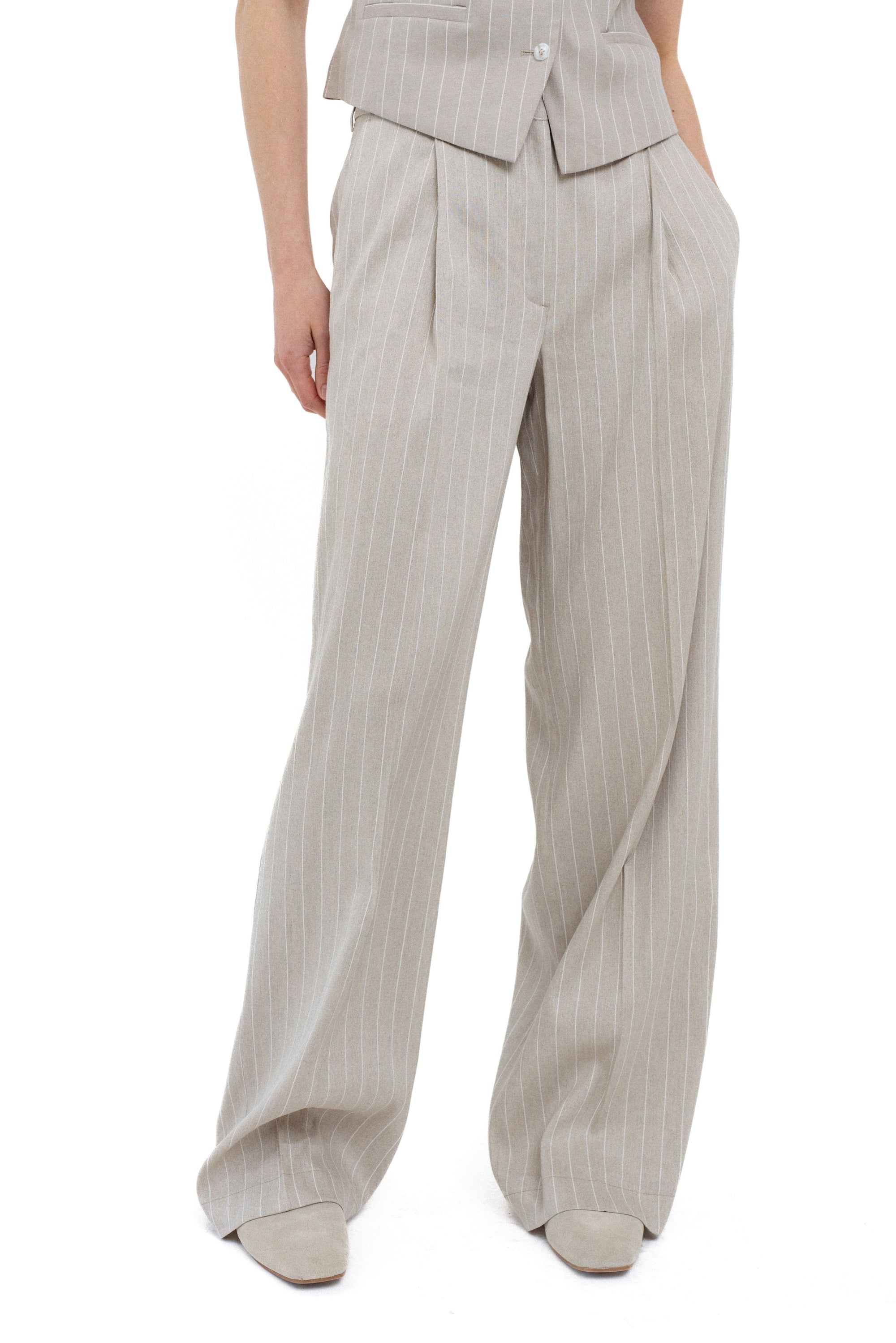 PINSTRIPE LINEN BLEND WIDE-LEG TROUSERS