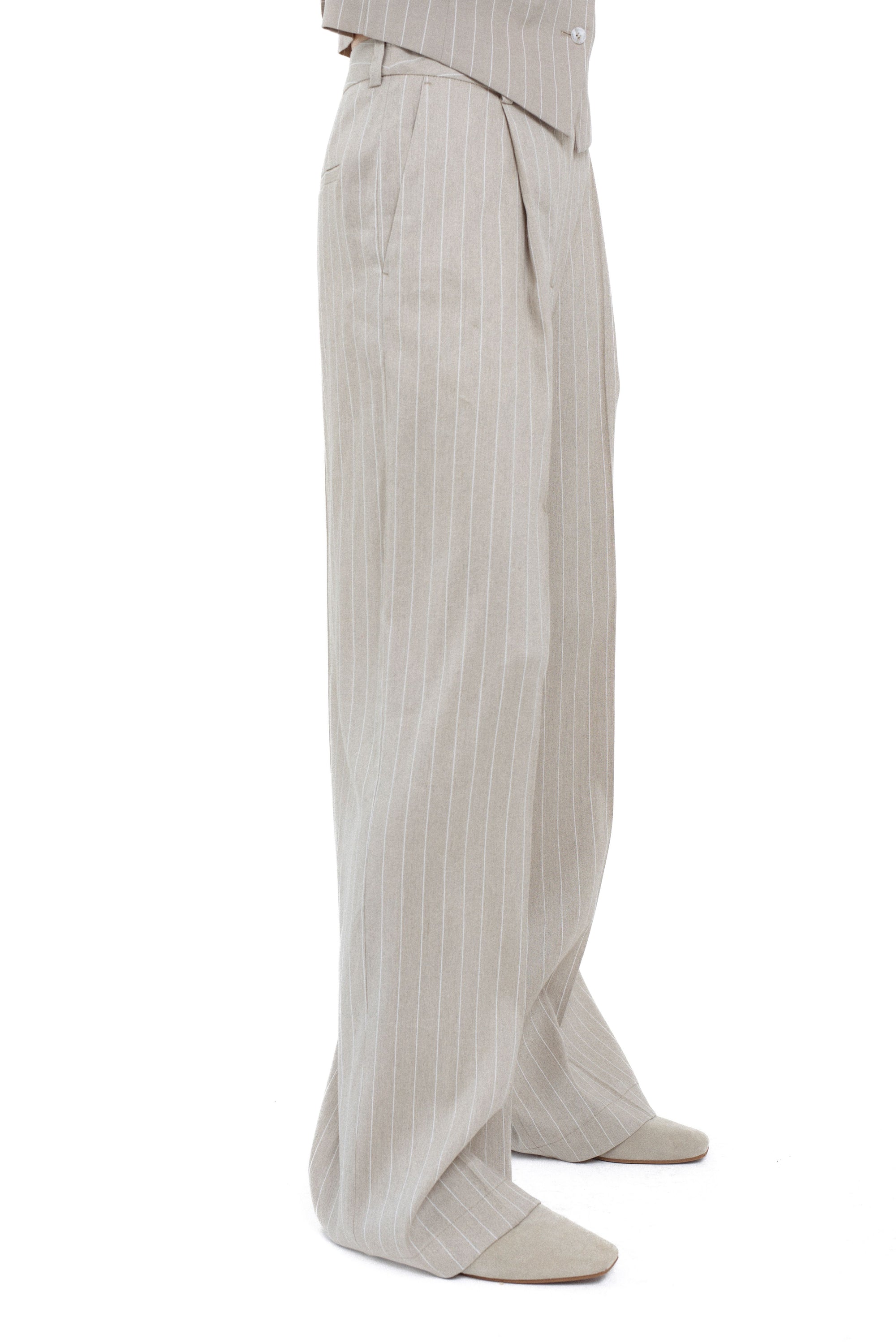 PINSTRIPE LINEN BLEND WIDE-LEG TROUSERS