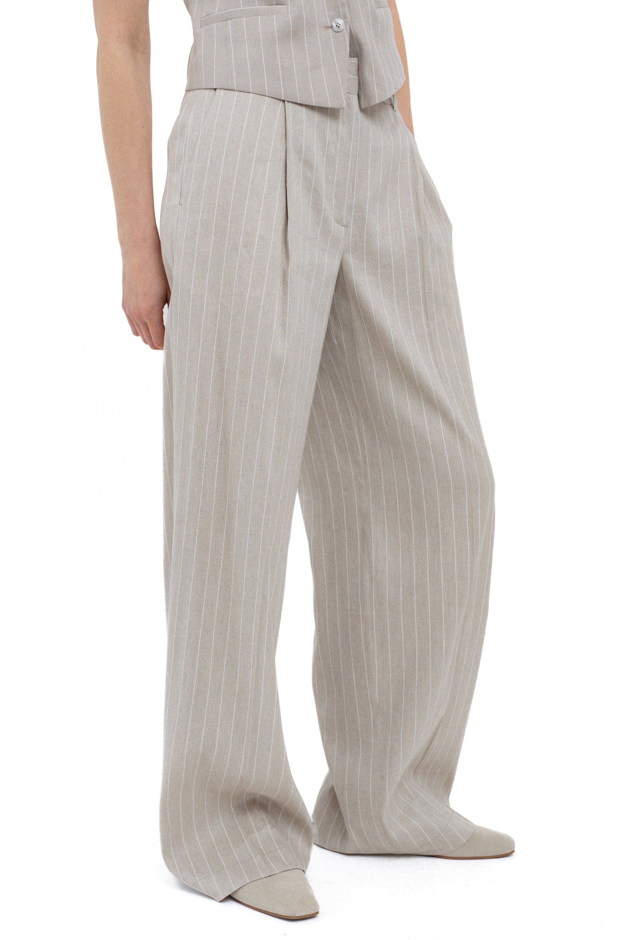 PINSTRIPE LINEN BLEND WIDE-LEG TROUSERS