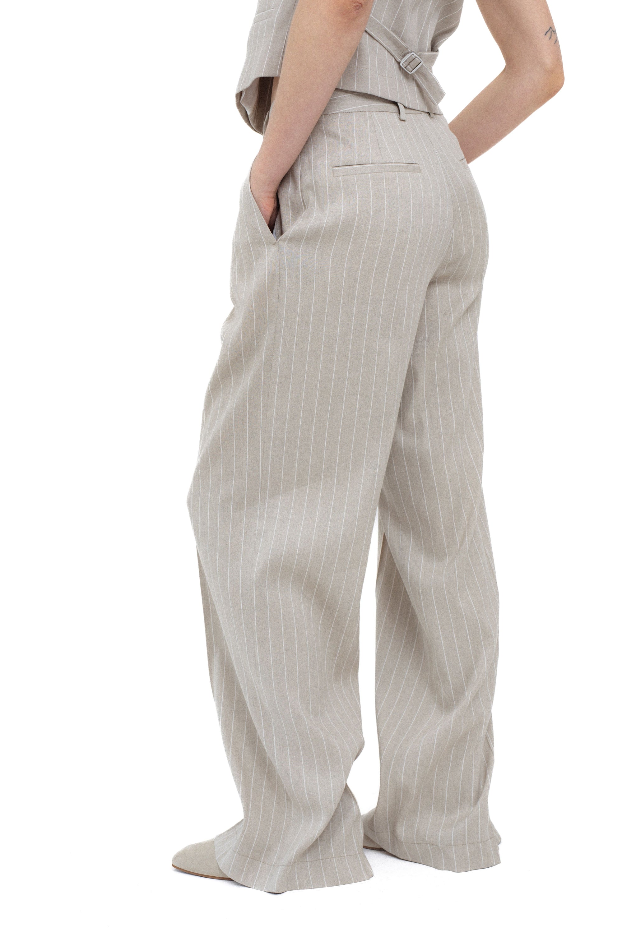 PINSTRIPE LINEN BLEND WIDE-LEG TROUSERS