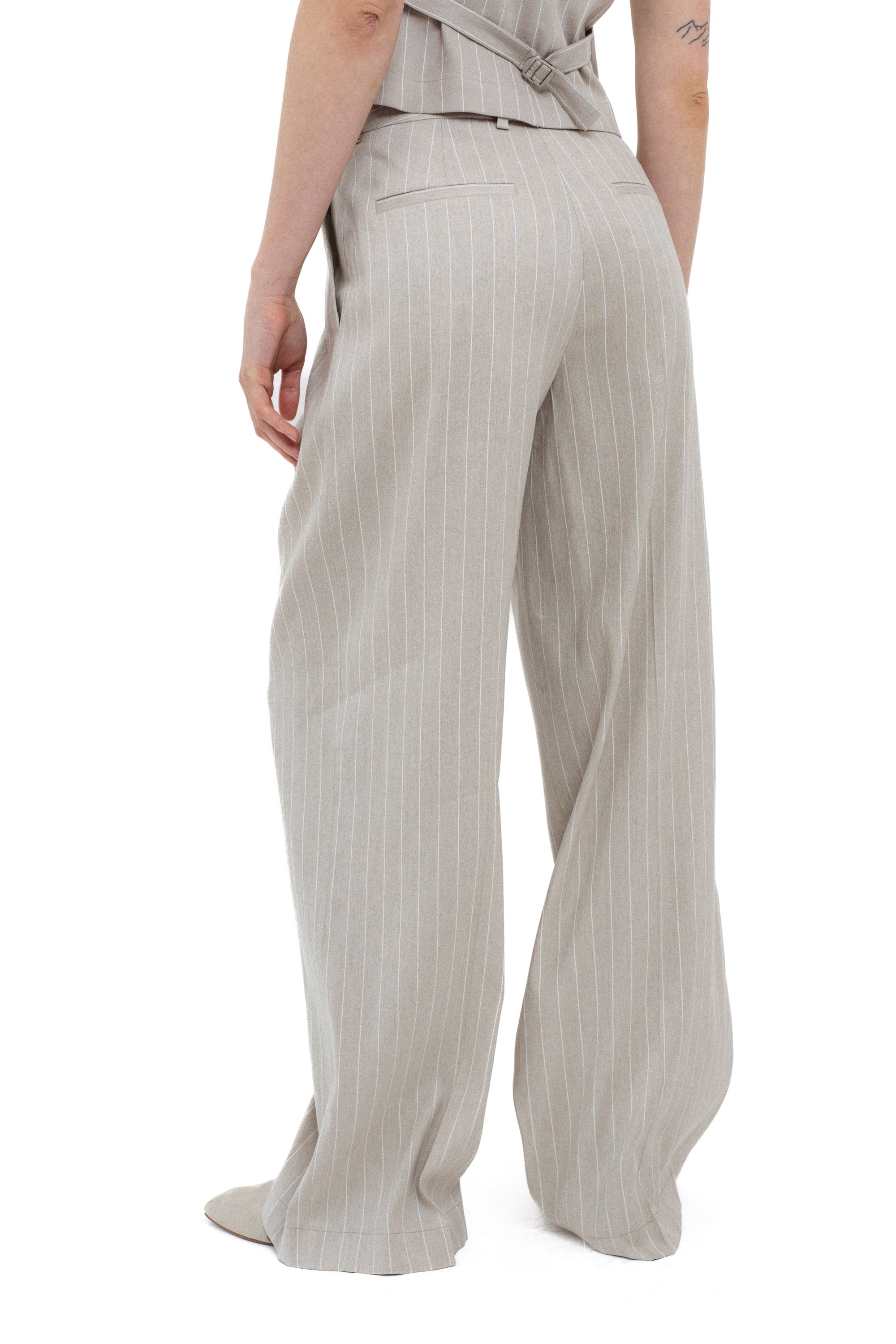 PINSTRIPE LINEN BLEND WIDE-LEG TROUSERS