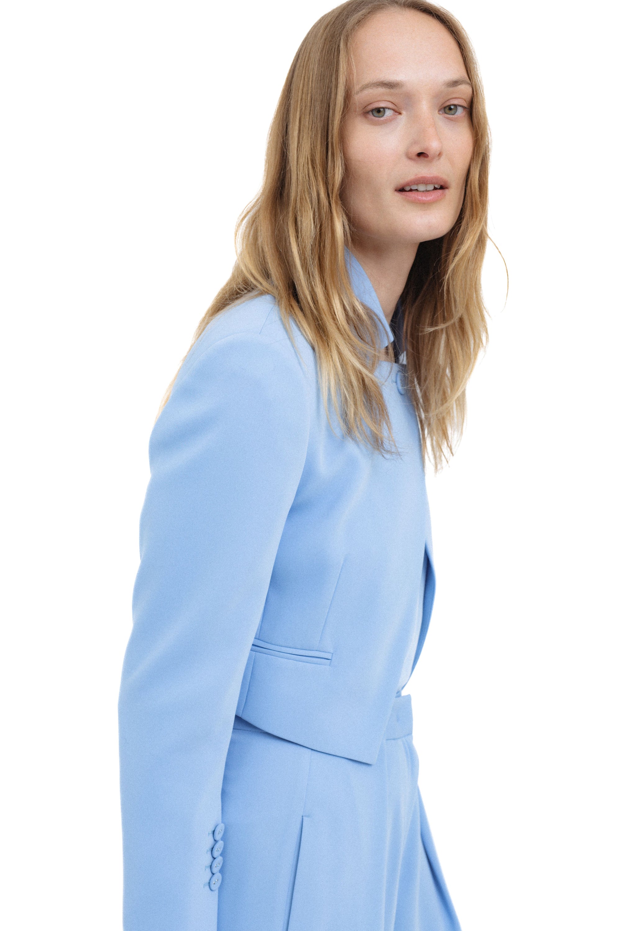 LIGHT BLUE CROPPED BLAZER WITH STAND COLLAR