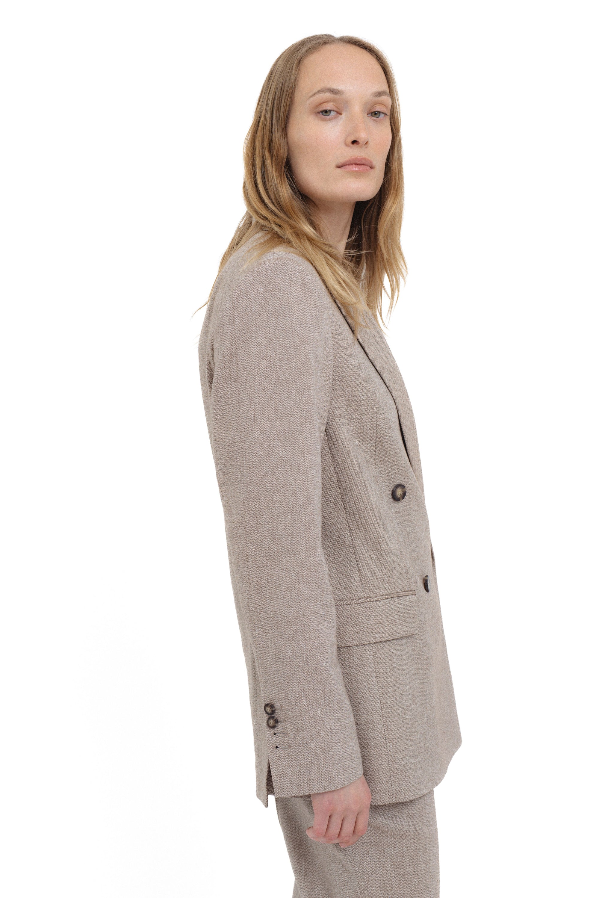 UNISEX BEIGE DOUBLE-BREASTED TEXTURED BLAZER