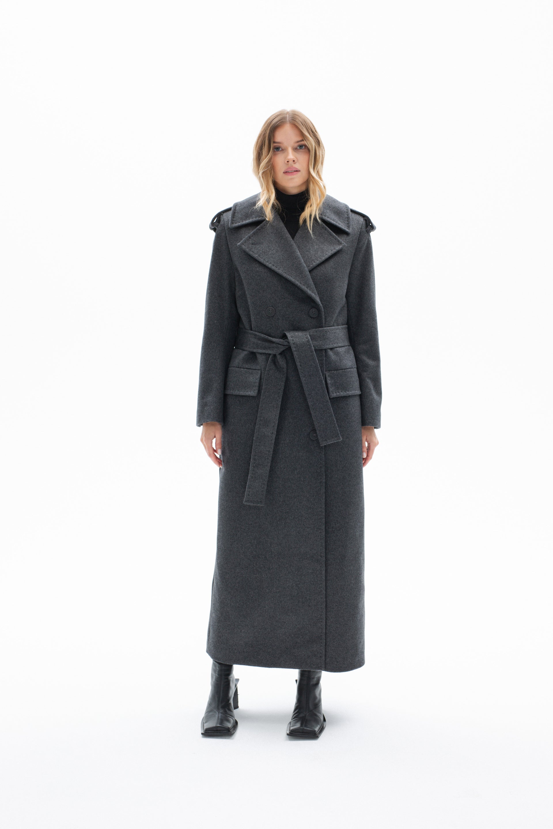 BELTED LONG WOOL COAT IN GREY
