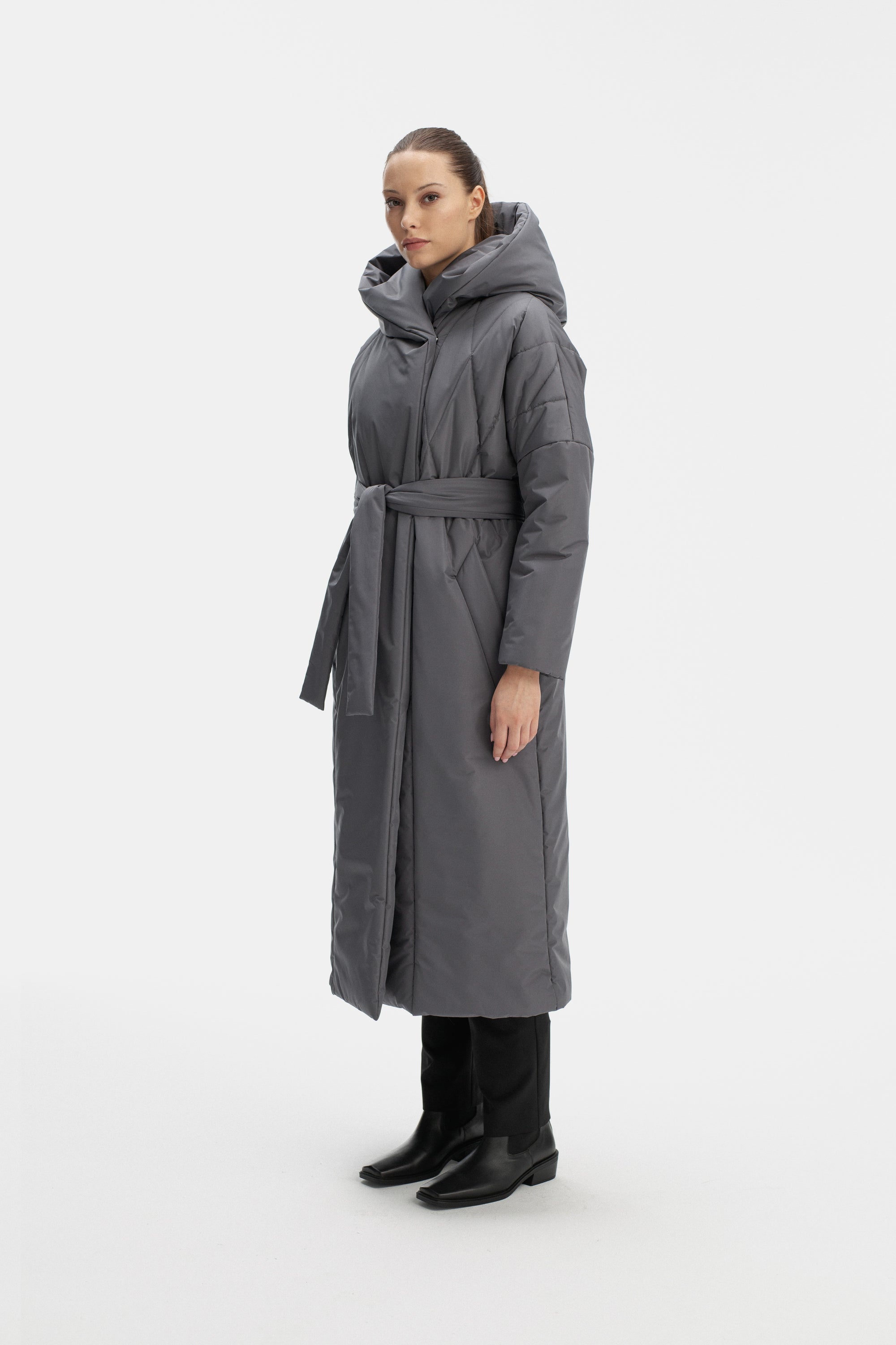LONG PADDED JACKET WITH HOOD IN GREY