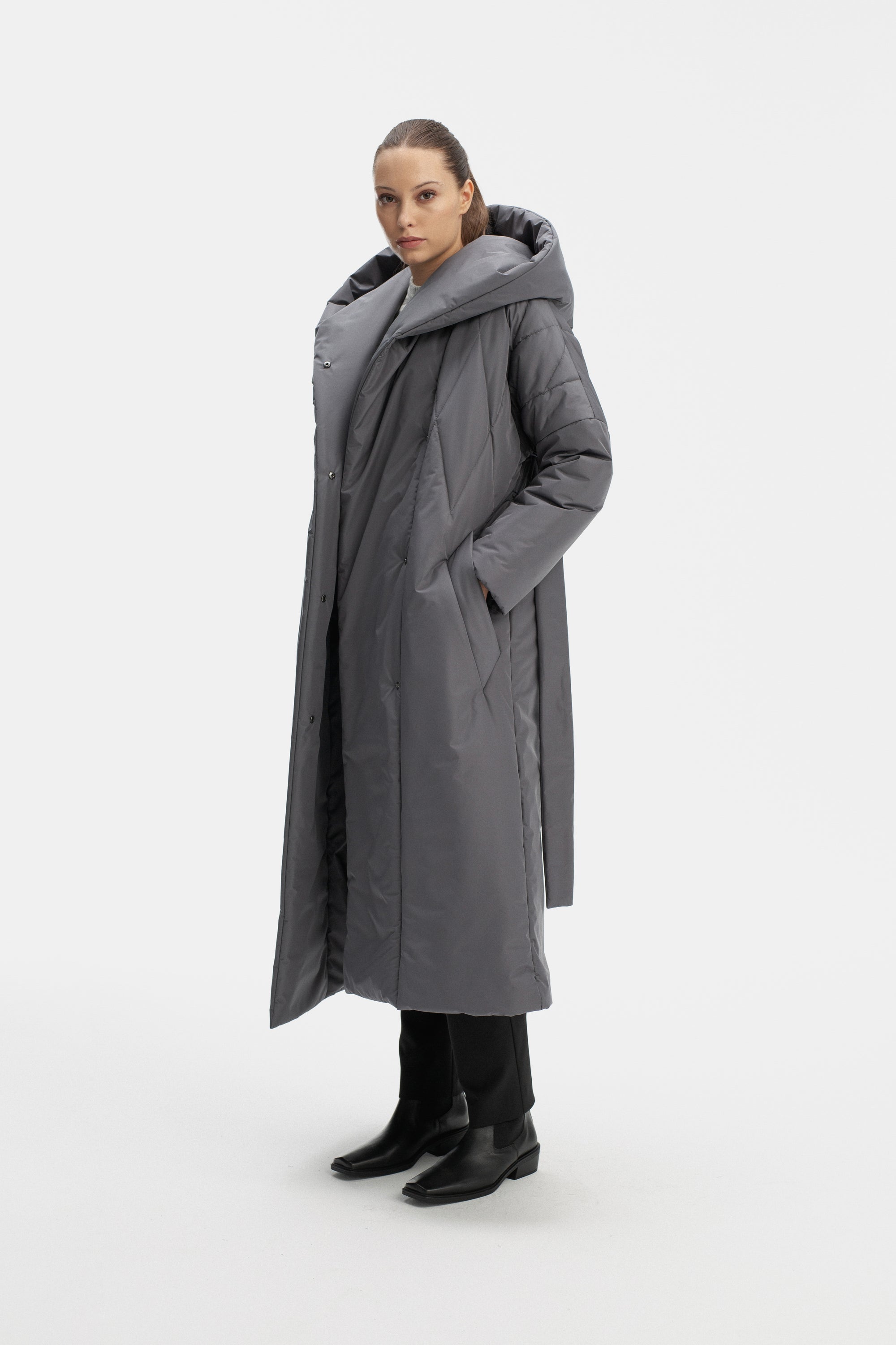 LONG PADDED JACKET WITH HOOD IN GREY