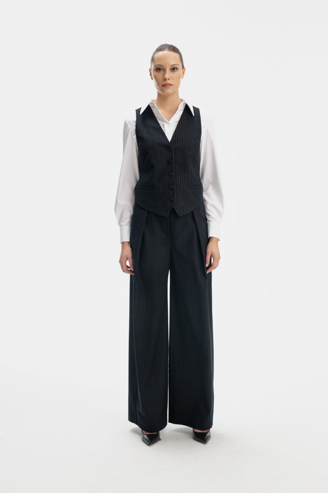 WIDE LEG NAVY TROUSERS IN STRIPE