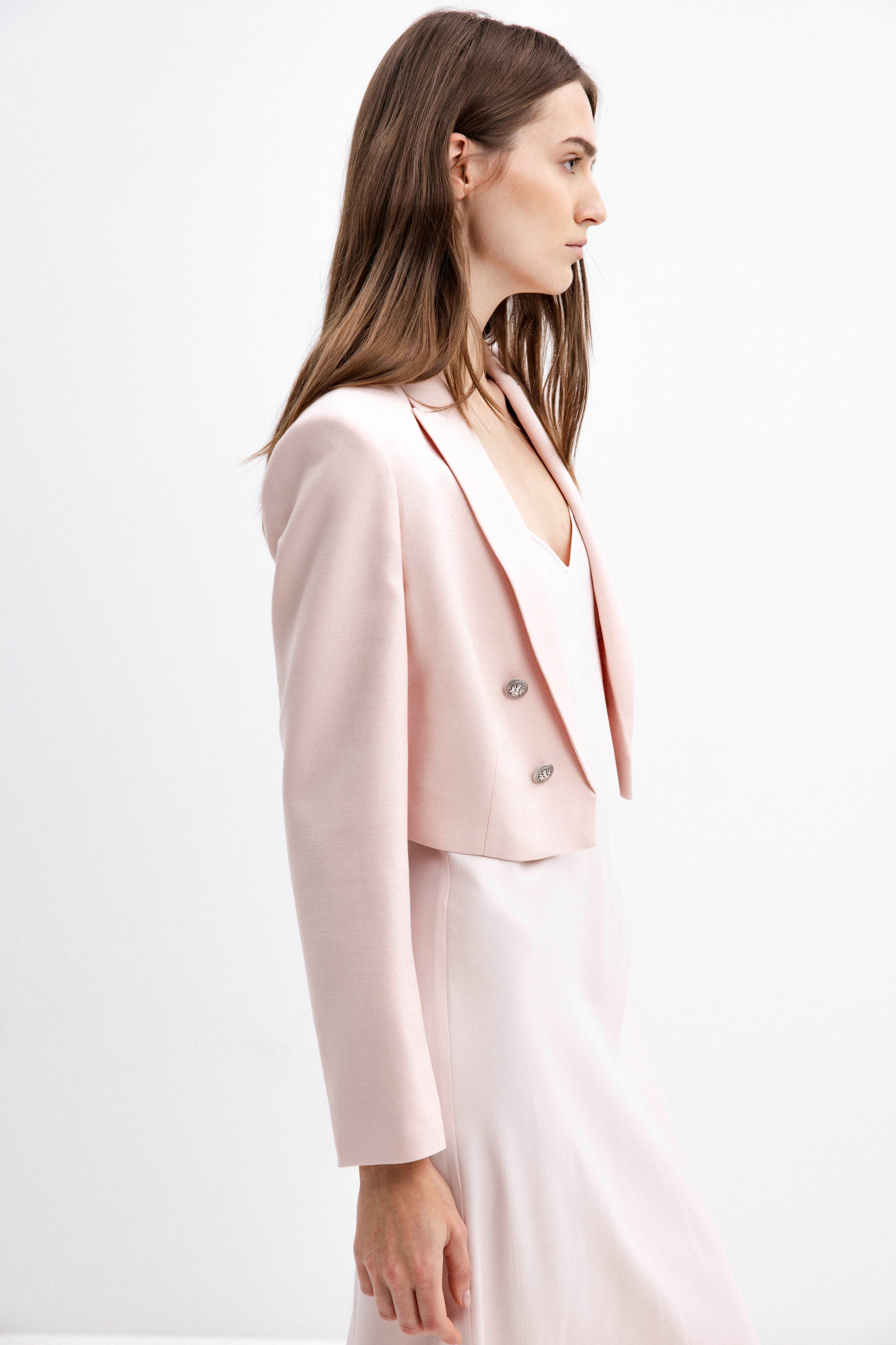 SHORT BLUSH ROSE OPEN-FRONT BLAZER