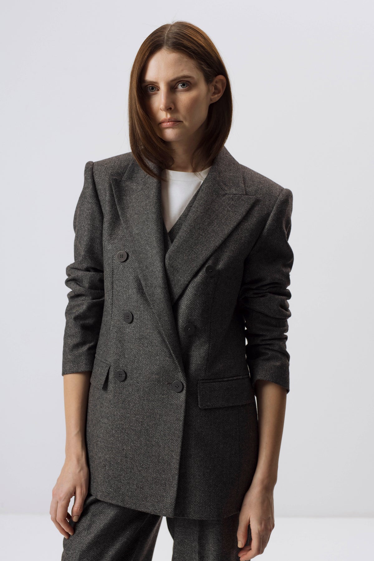 DARK GREY WOOL-BLEND HERRINGBONE BLAZER