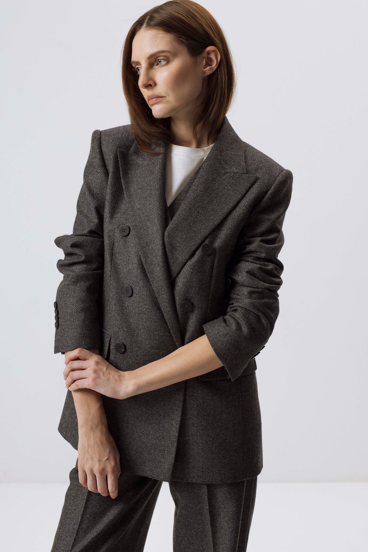 DARK GREY WOOL-BLEND HERRINGBONE BLAZER