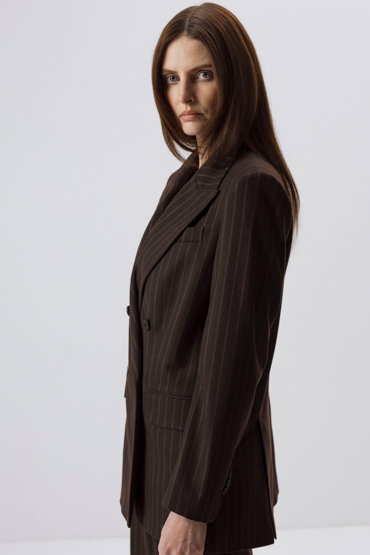 DARK BROWN PINSTRIPE WOOL-BLEND BLAZER