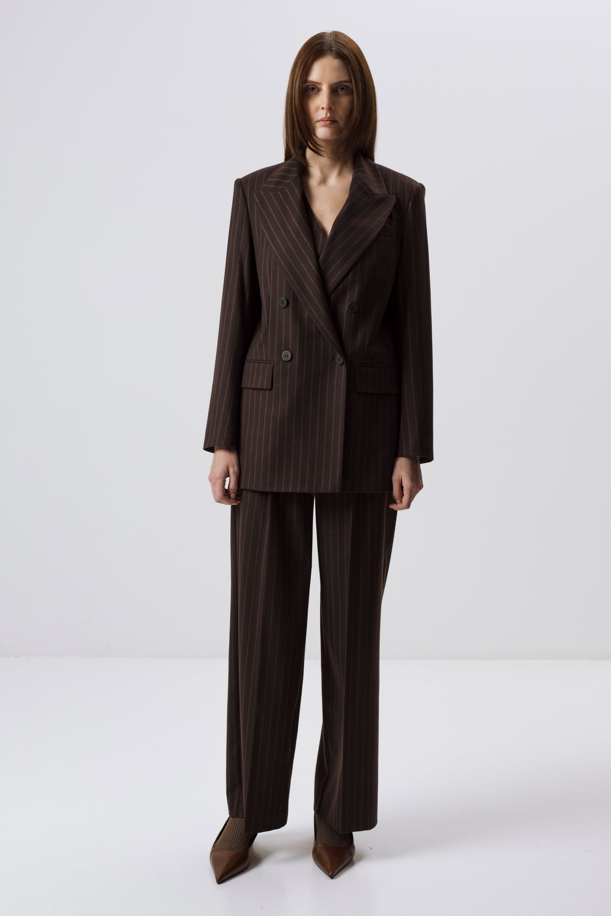 DARK BROWN PINSTRIPE WOOL-BLEND BLAZER