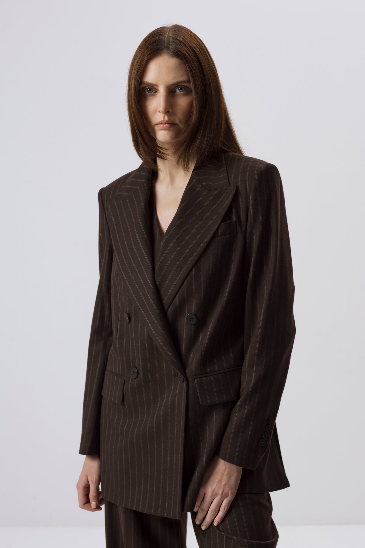 DARK BROWN PINSTRIPE WOOL-BLEND BLAZER