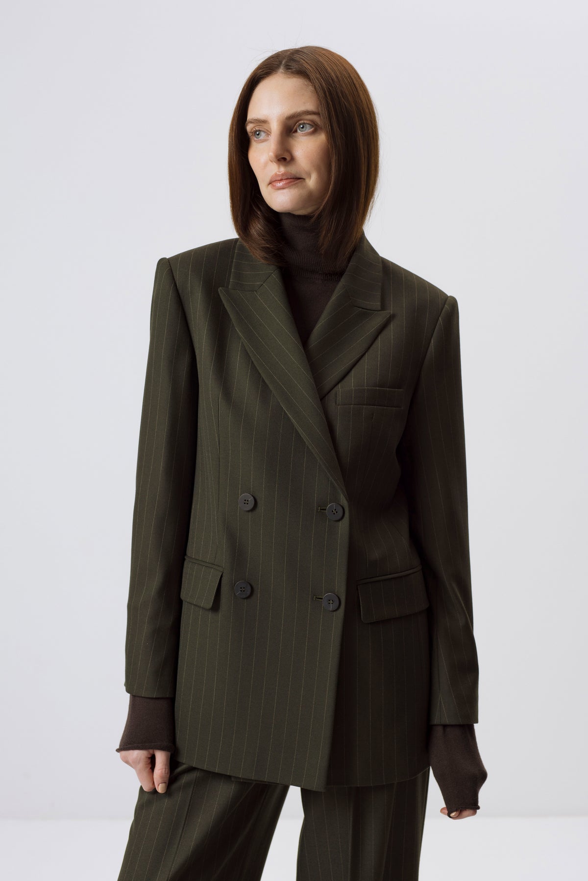 FOREST GREEN PINSTRIPE DOUBLE-BREASTED BLAZER
