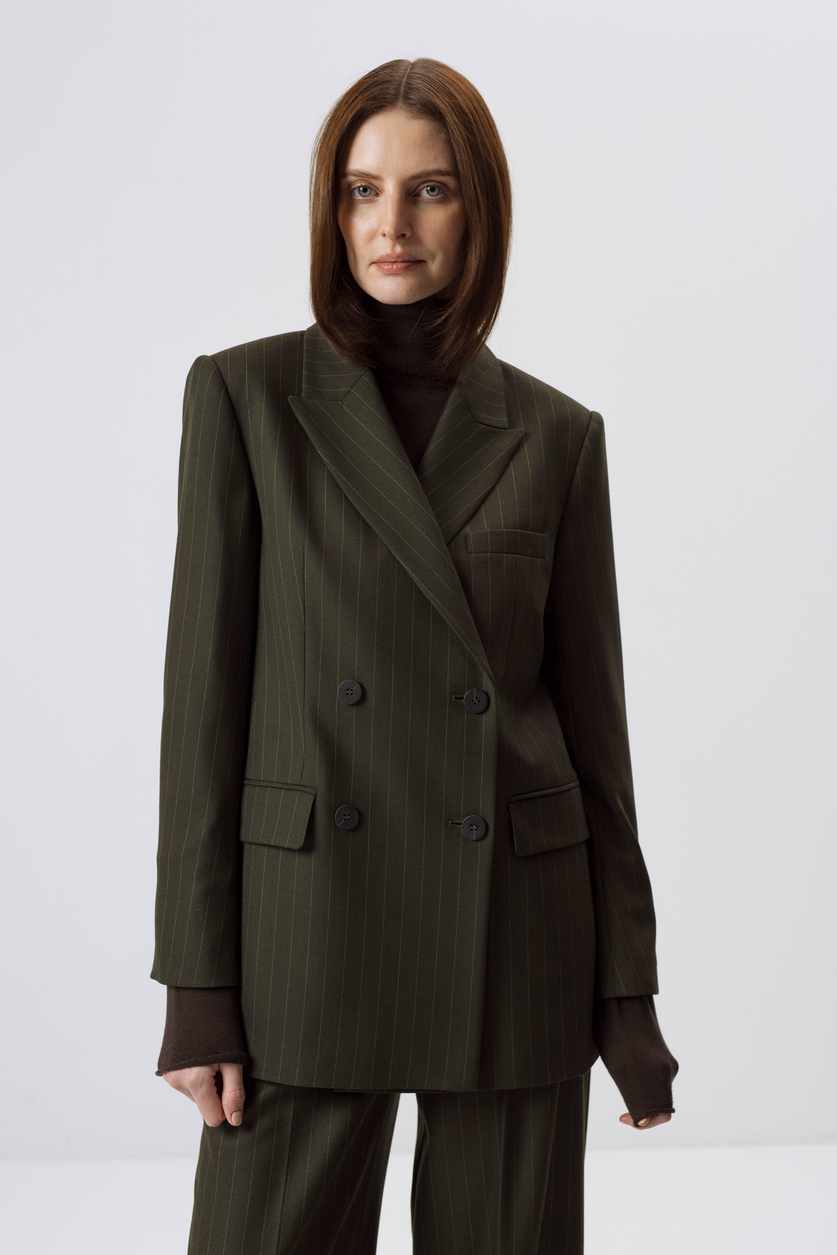 FOREST GREEN PINSTRIPE DOUBLE-BREASTED BLAZER
