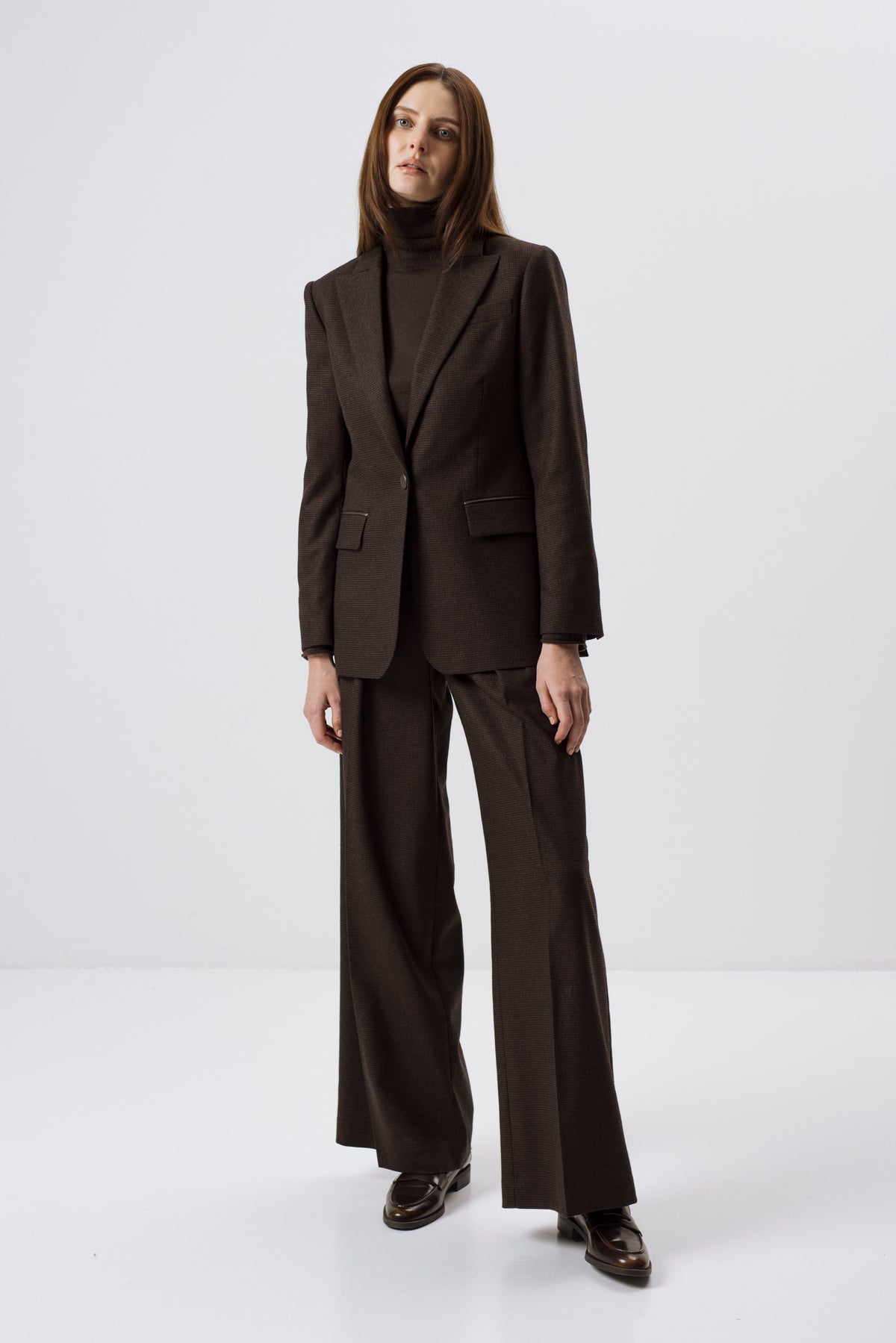 DARK BROWN WIDE-LEG WOOL BLEND TROUSERS