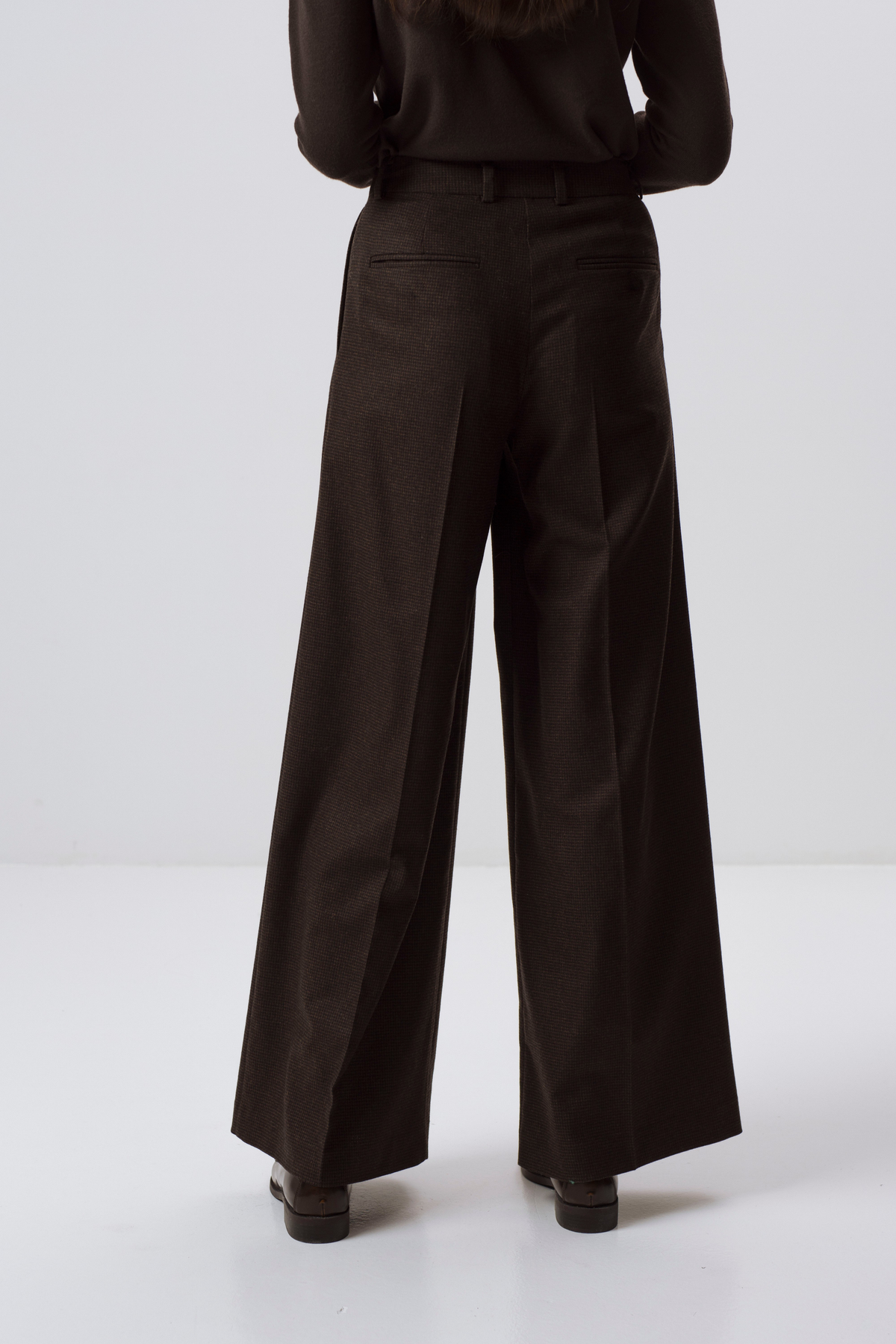 DARK BROWN WIDE-LEG WOOL BLEND TROUSERS