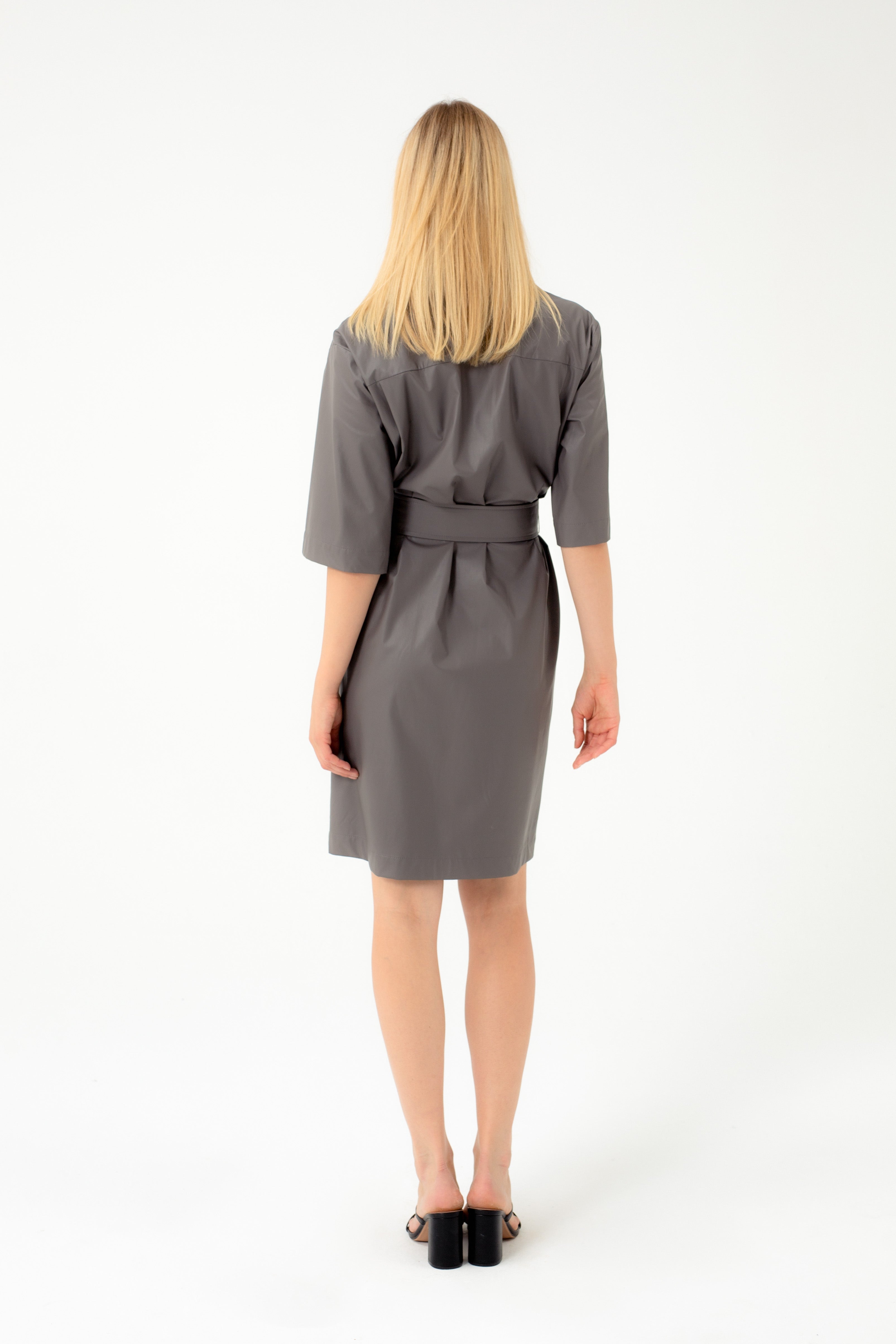 ECO LEATHER STRAIGHT DRESS WITH SHIRT STYLE SLEEVES