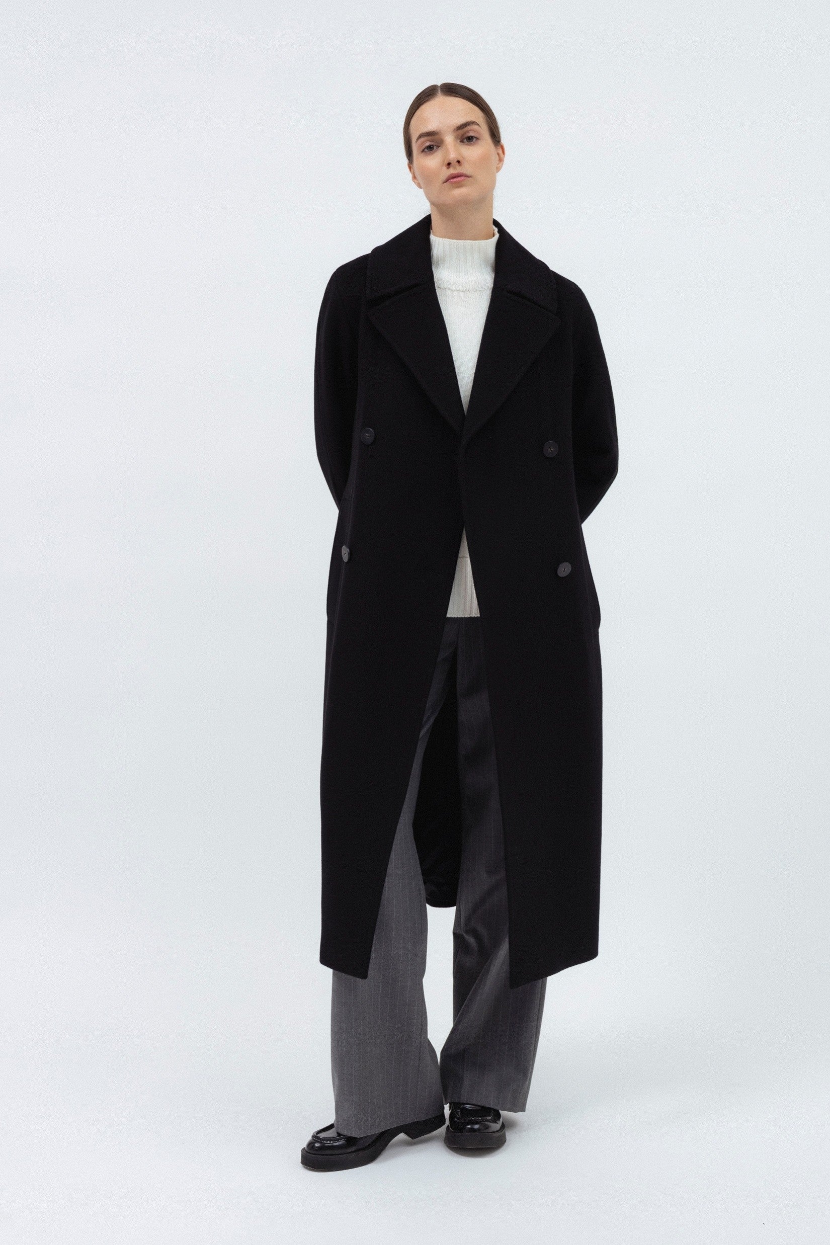 BLACK BELTED WOOL COAT