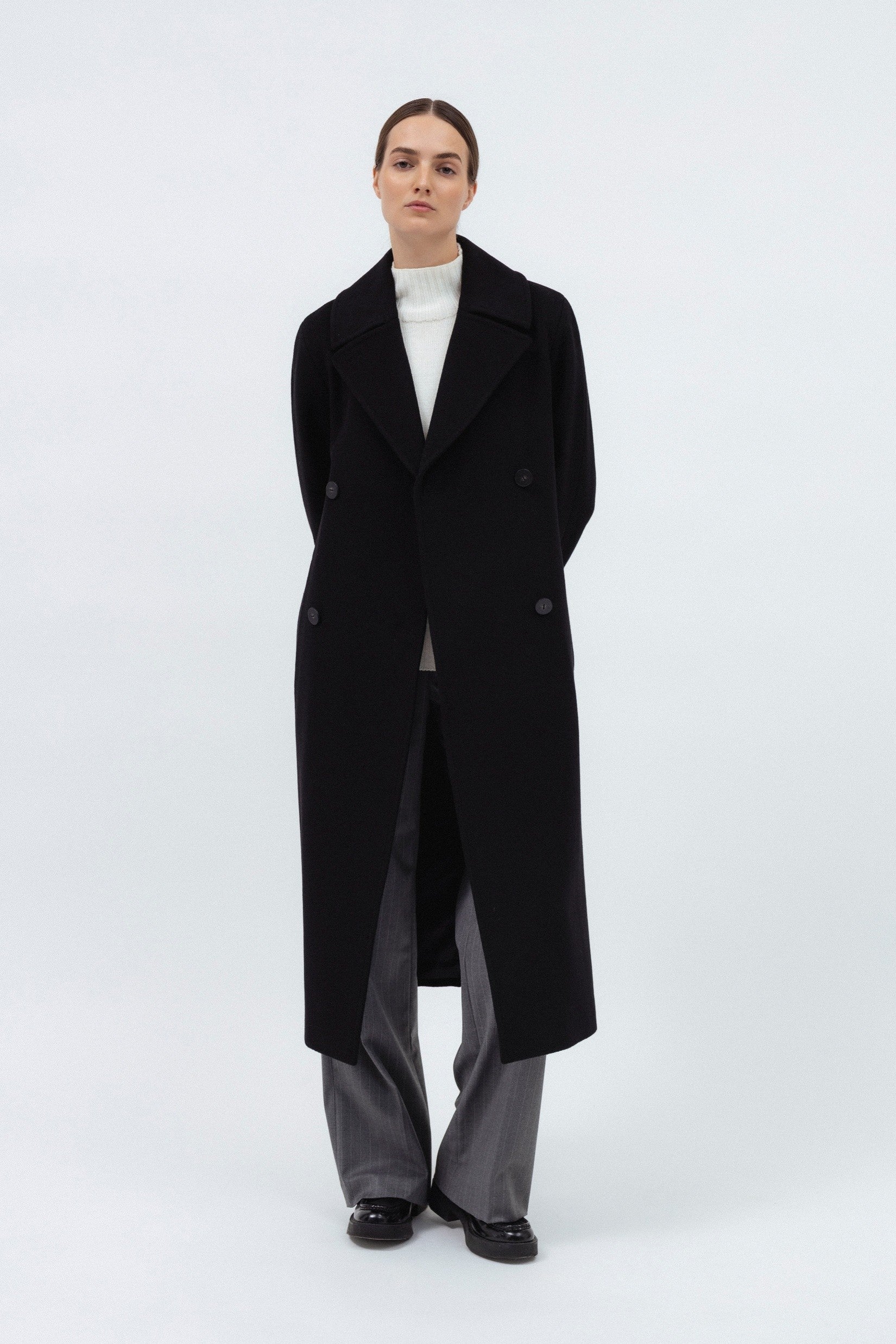 BLACK BELTED WOOL COAT
