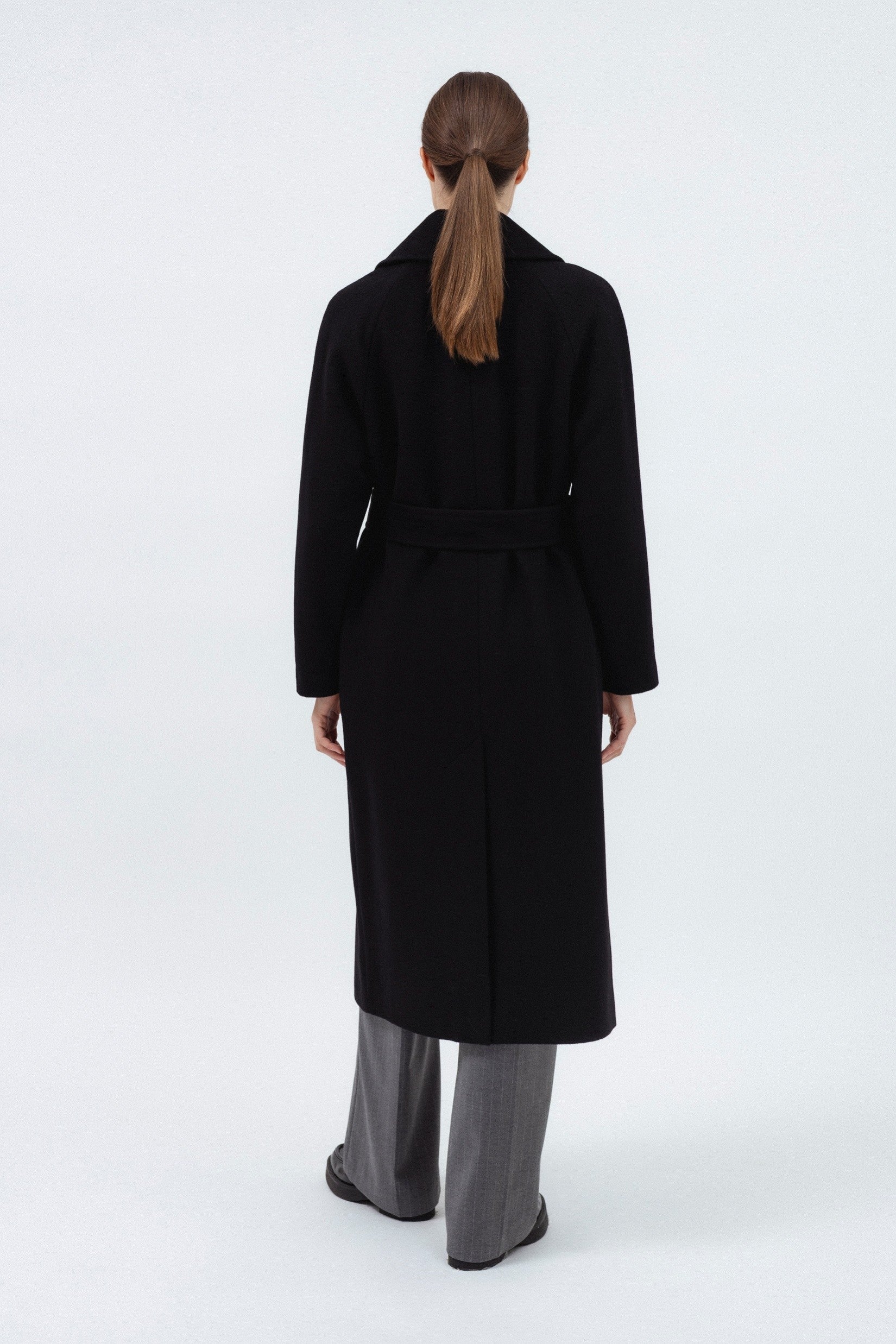 BLACK BELTED WOOL COAT
