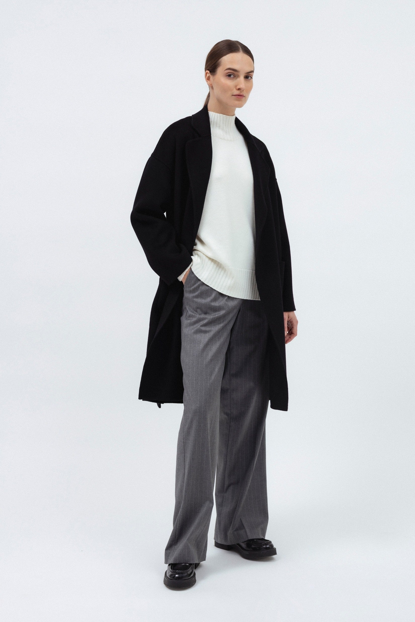 BLACK DOUBLE-FACE WOOL COAT WITH CASHMERE