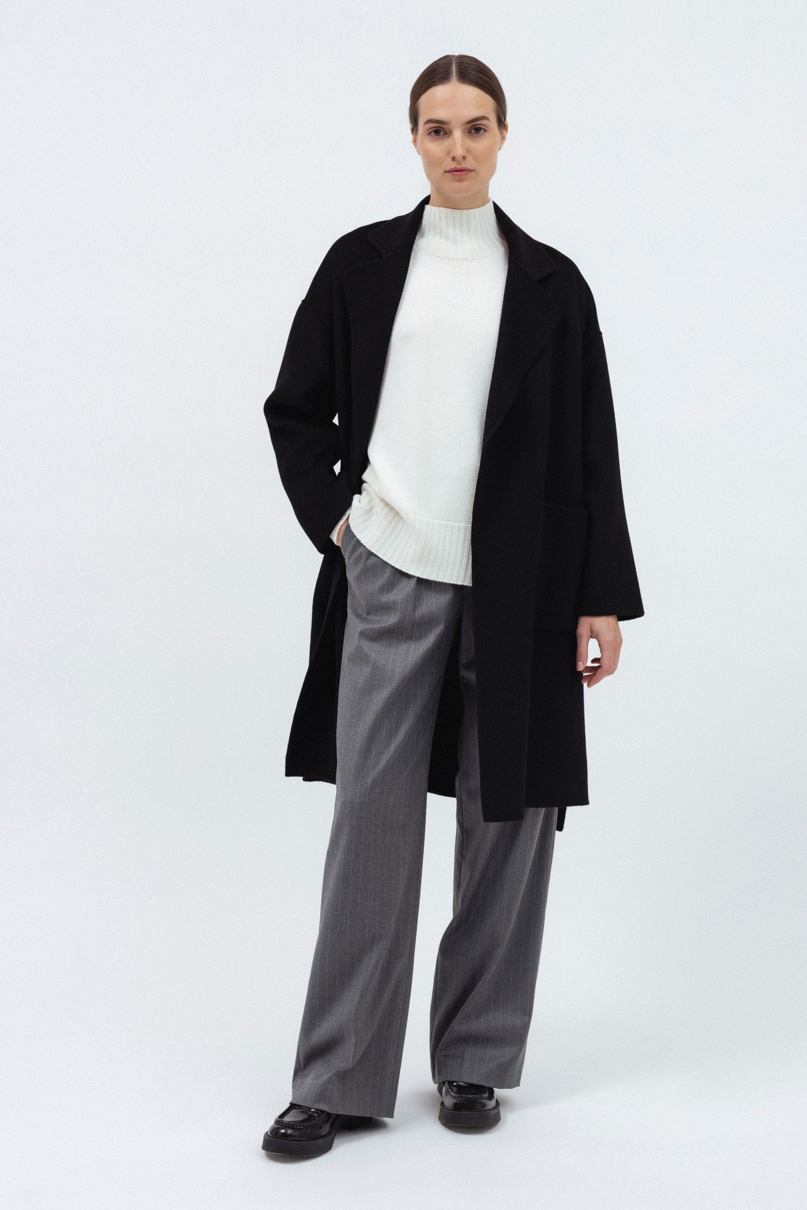 BLACK DOUBLE-FACE WOOL COAT WITH CASHMERE