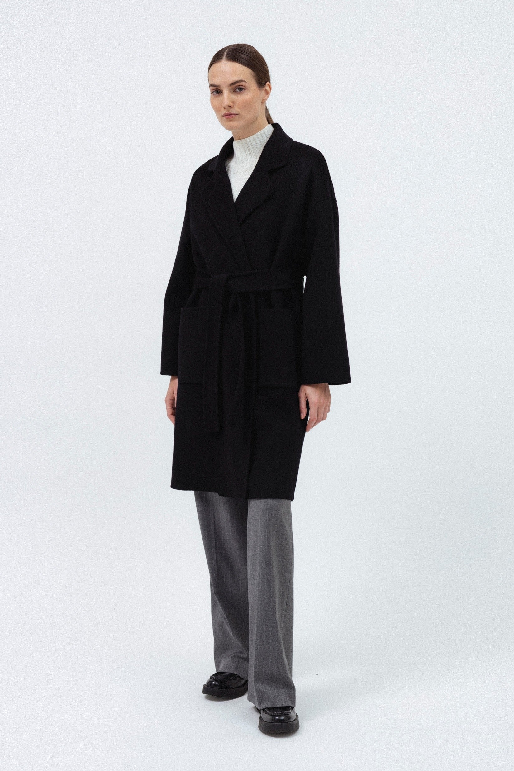 BLACK DOUBLE-FACE WOOL COAT WITH CASHMERE