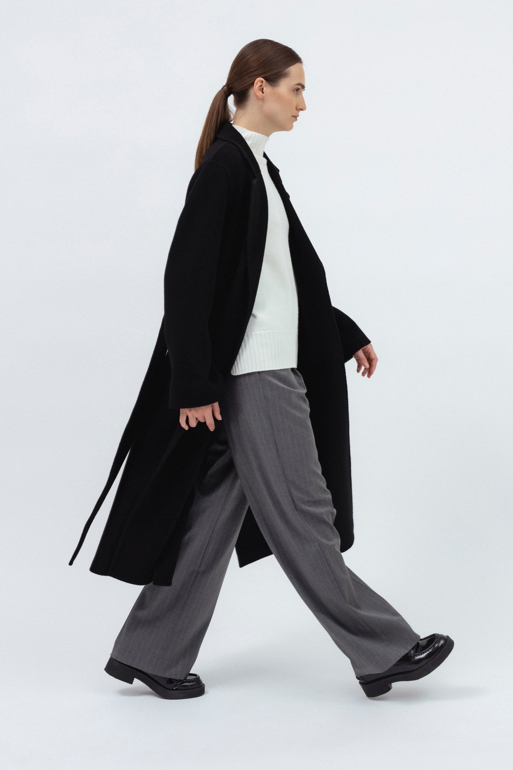 BLACK BELTED WOOL COAT
