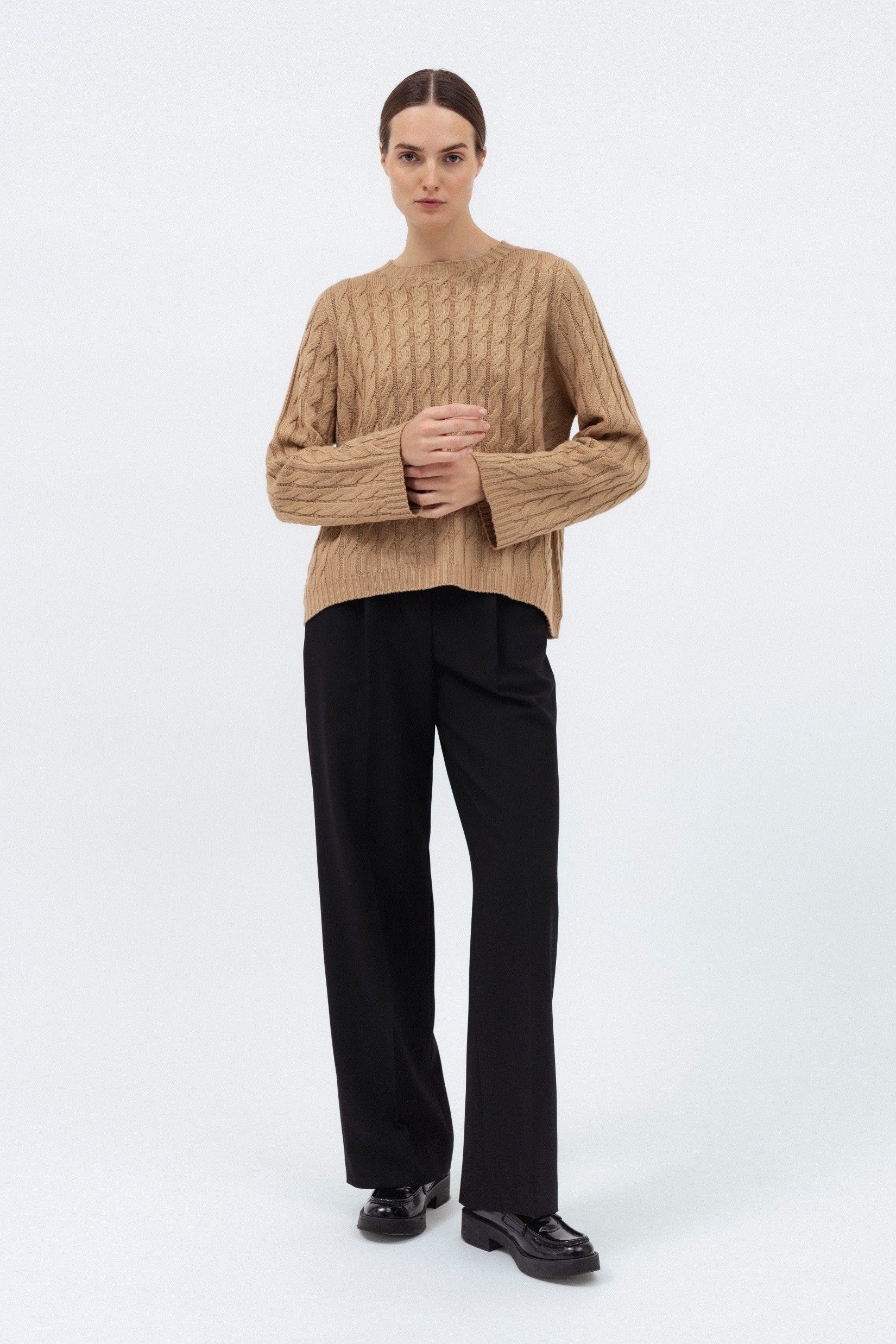 CAMEL MERINO WOOL SWEATER WITH BRAIDS