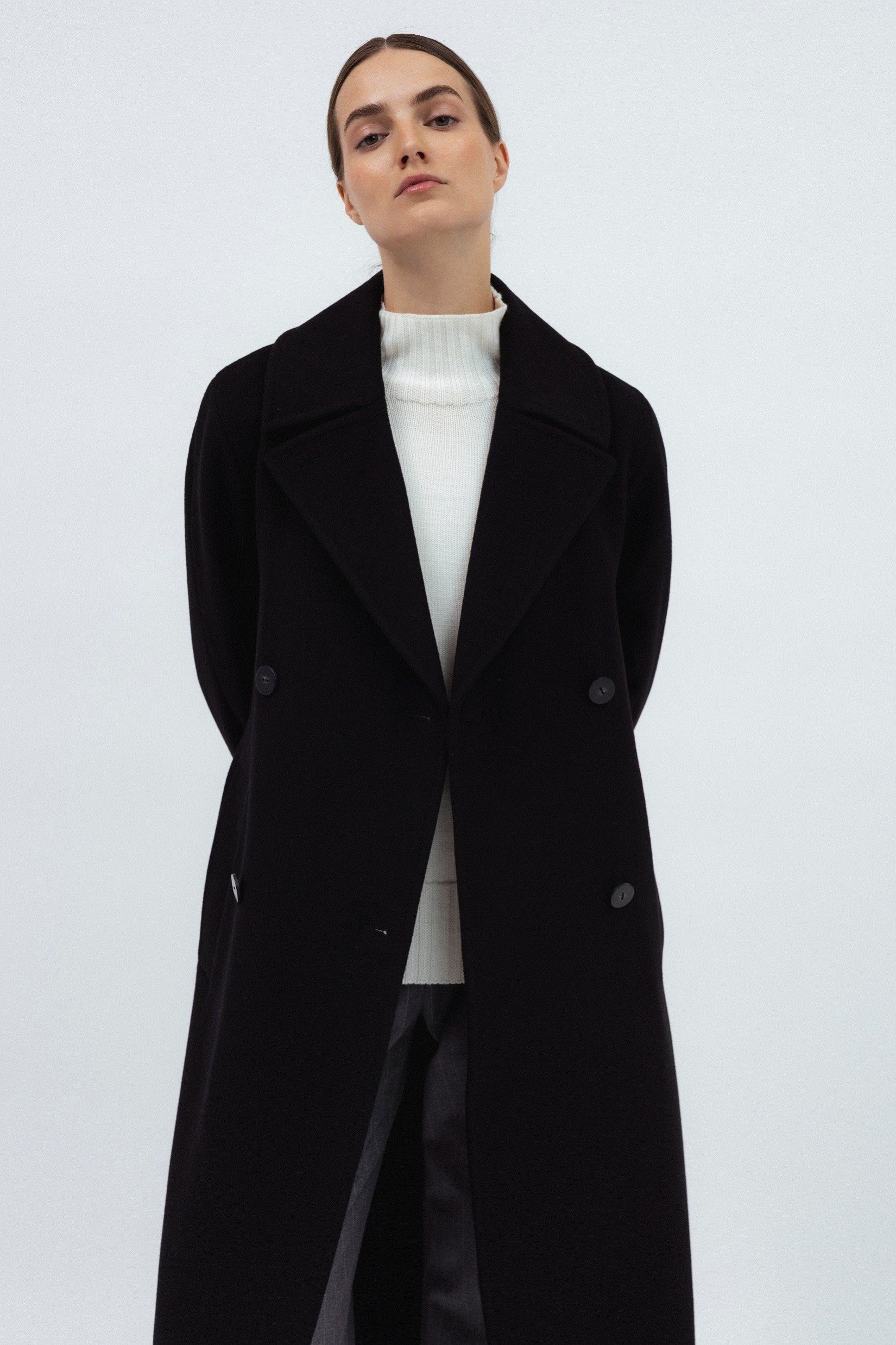 BLACK BELTED WOOL COAT