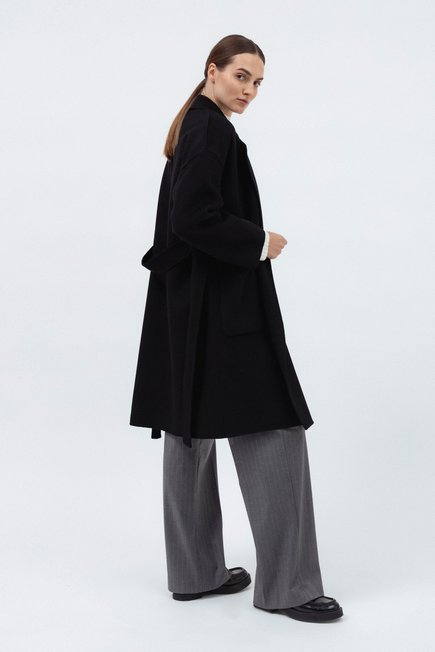 BLACK DOUBLE-FACE WOOL COAT WITH CASHMERE