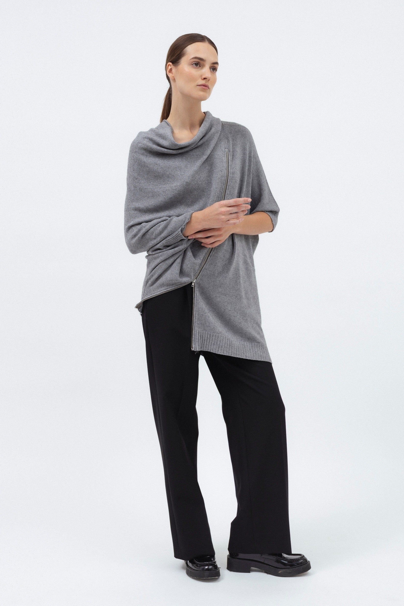GREY MERINO WOOL SWEATER WITH ZIP DETAIL