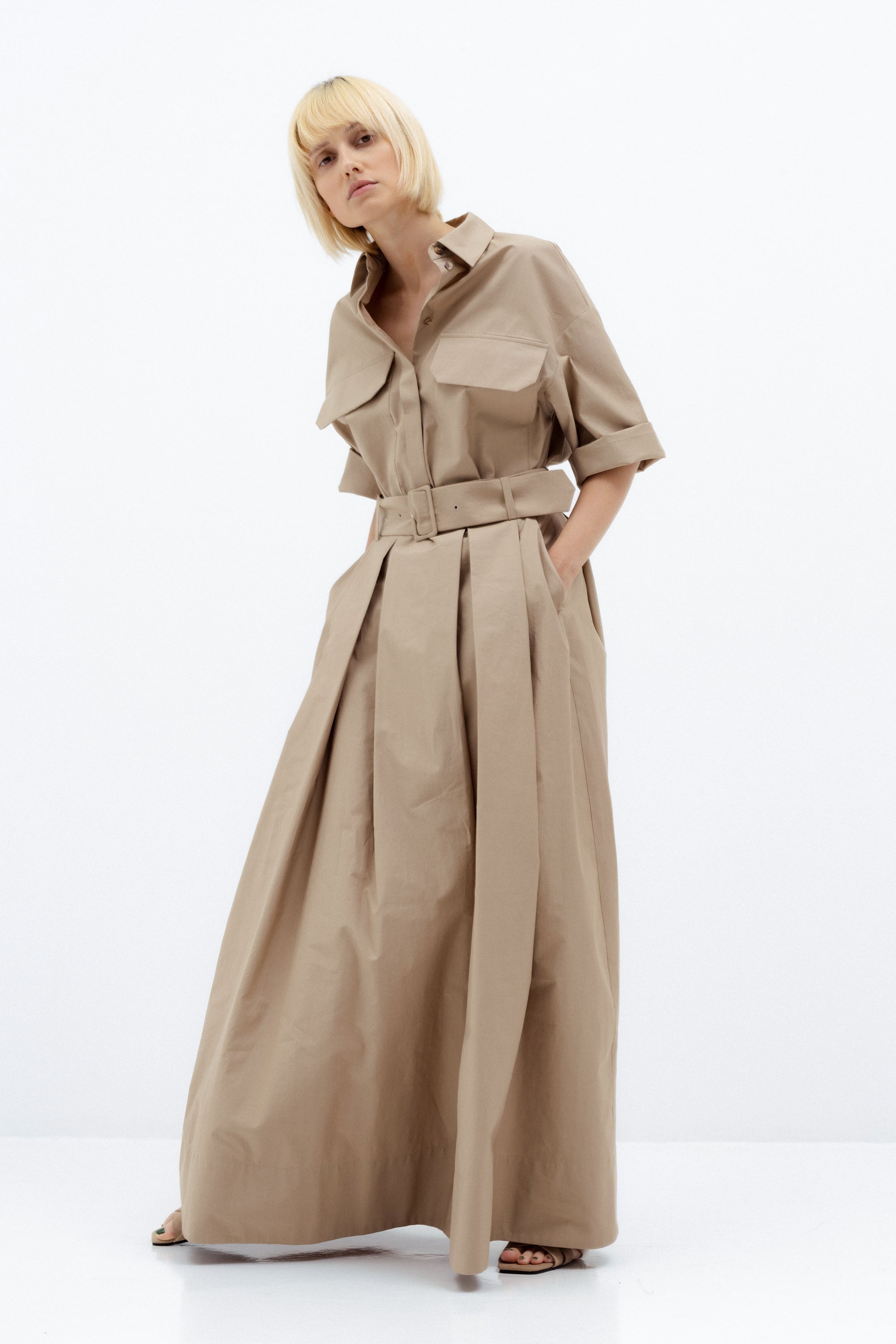 SAND-COLORED MAXI SKIRT WITH PLEATS