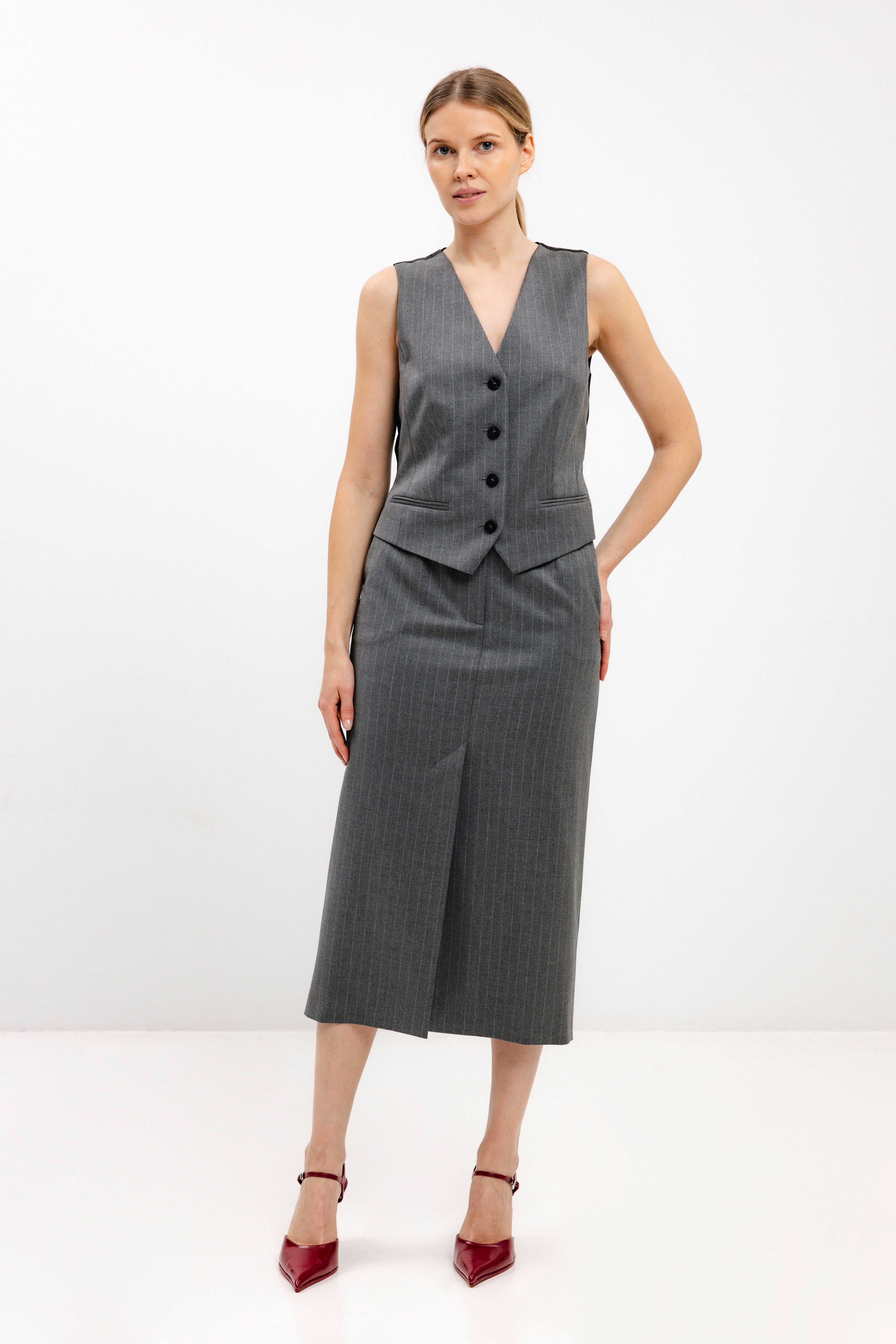 GREY STRIPED STRAIGHT-CUT MIDI SKIRT