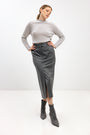 GREY STRIPED STRAIGHT-CUT MIDI SKIRT