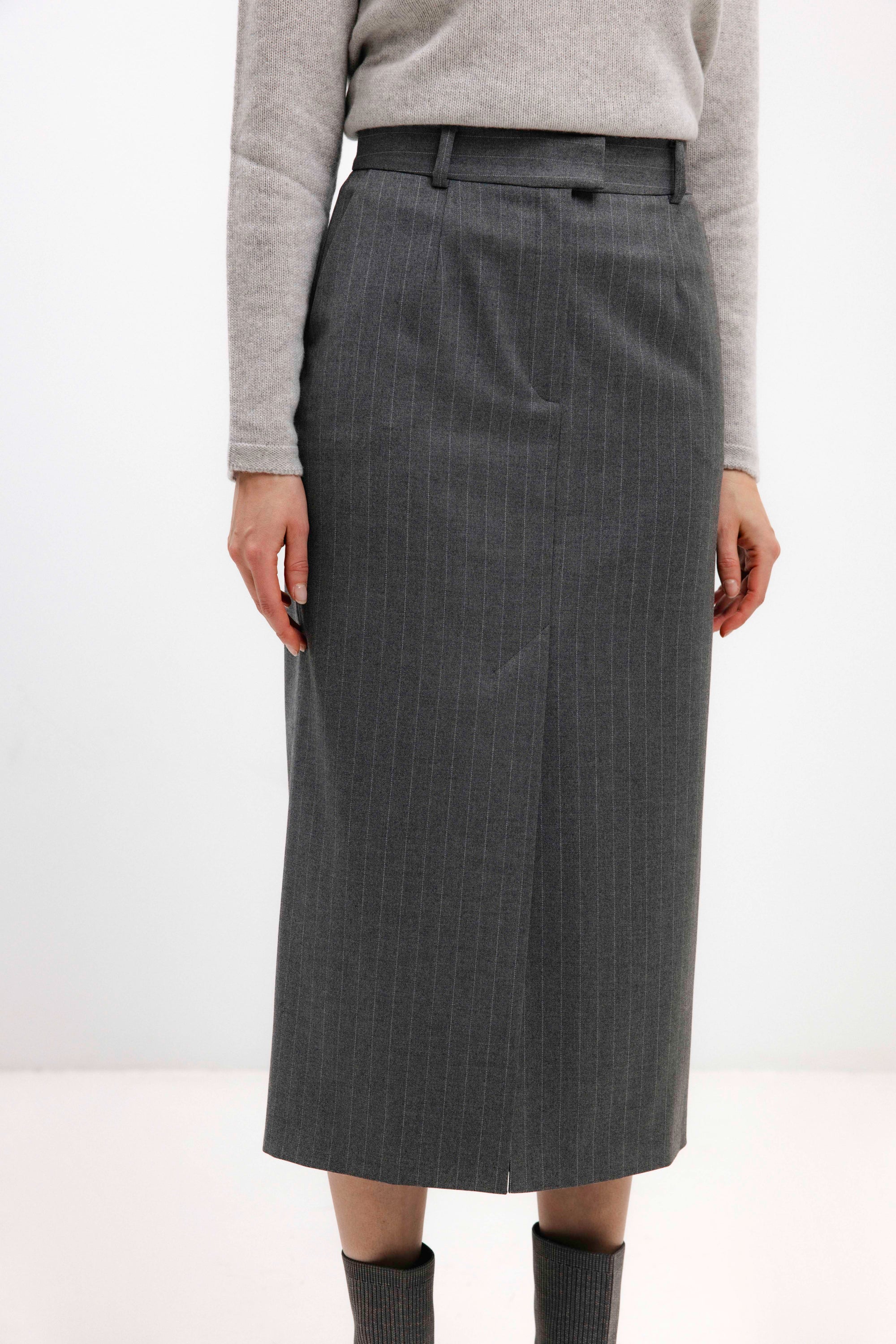 GREY STRIPED STRAIGHT-CUT MIDI SKIRT