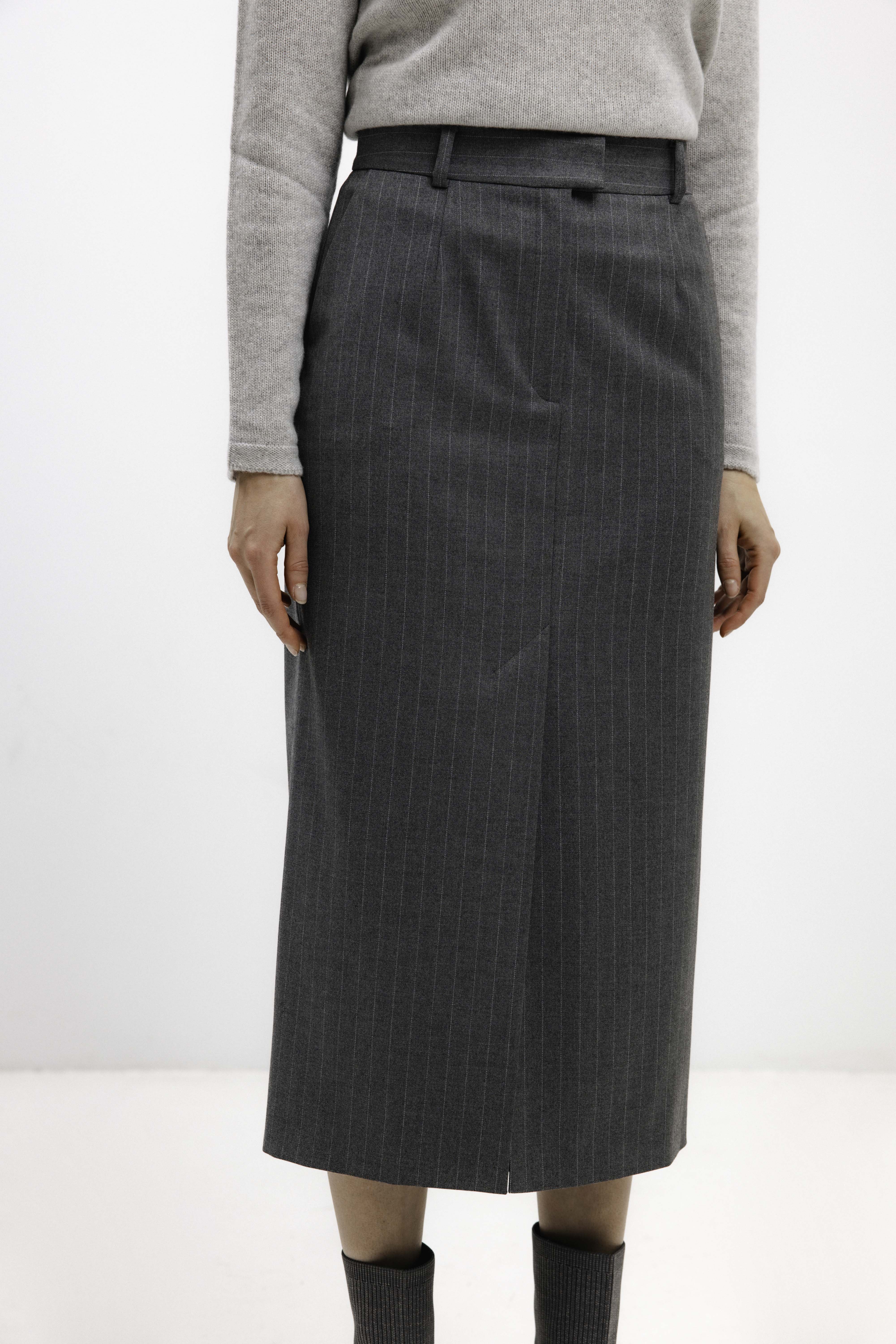 GREY STRIPED STRAIGHT-CUT MIDI SKIRT