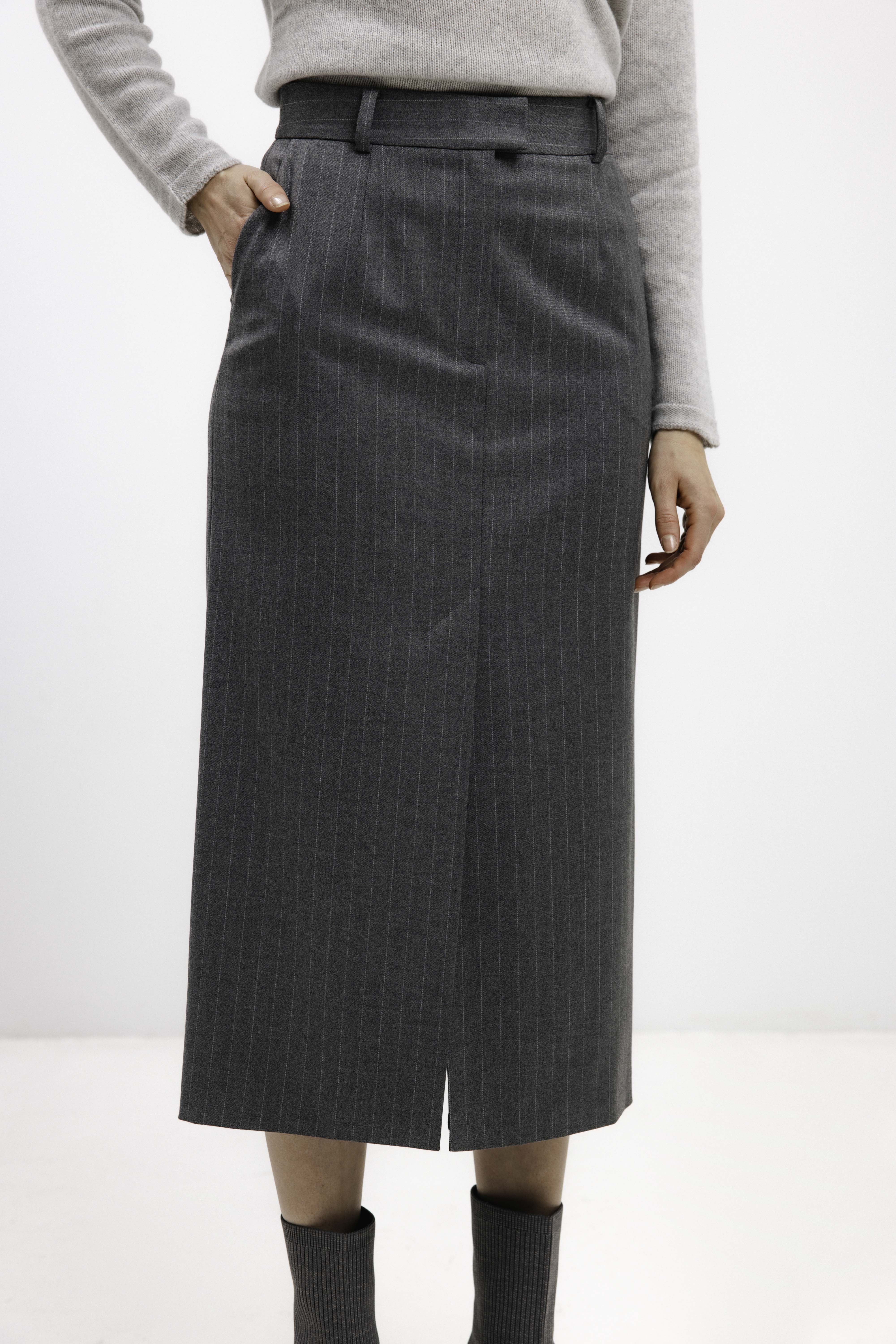 GREY STRIPED STRAIGHT-CUT MIDI SKIRT