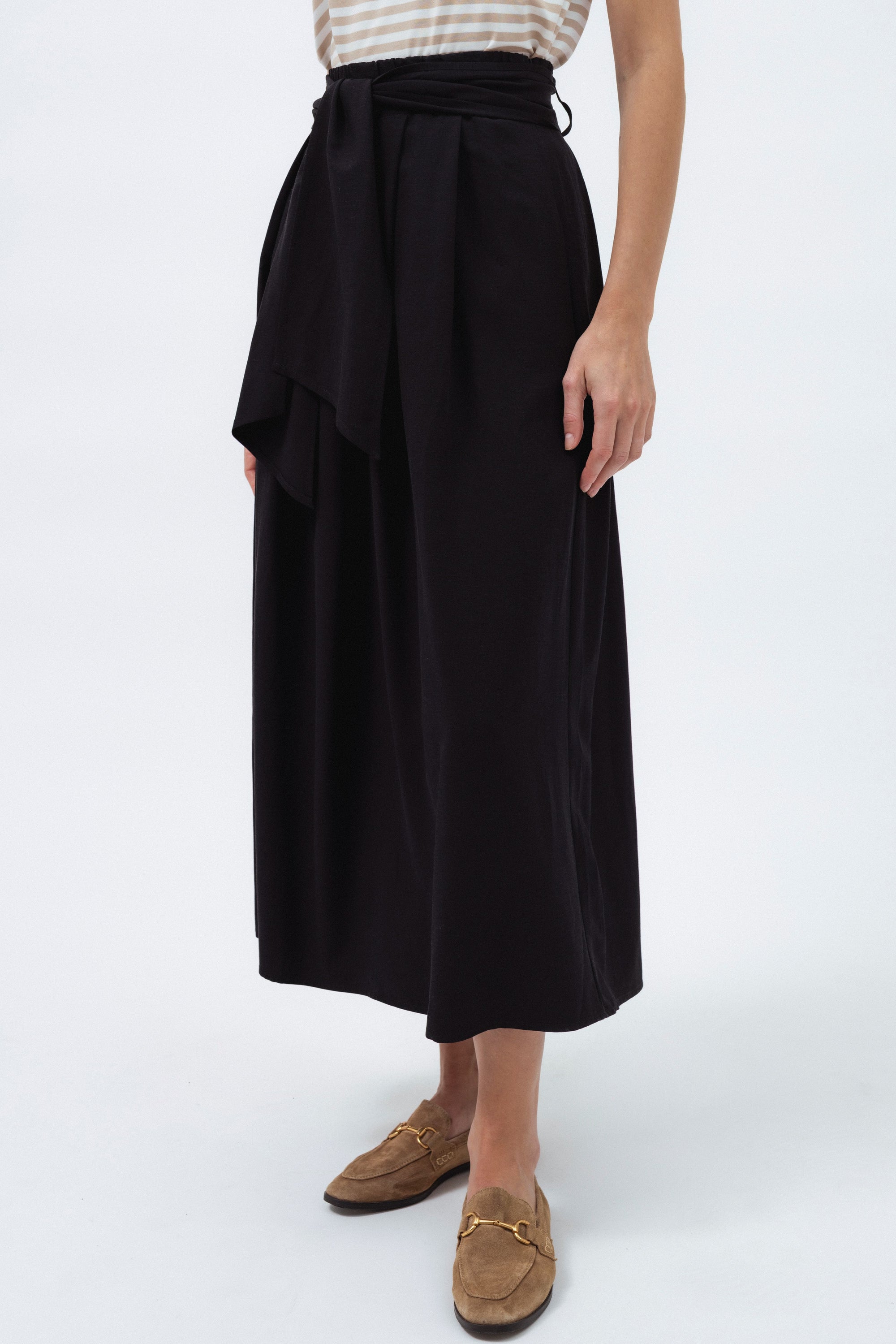 BLACK LINEN BLEND MIDI SKIRT WITH TIE BELT