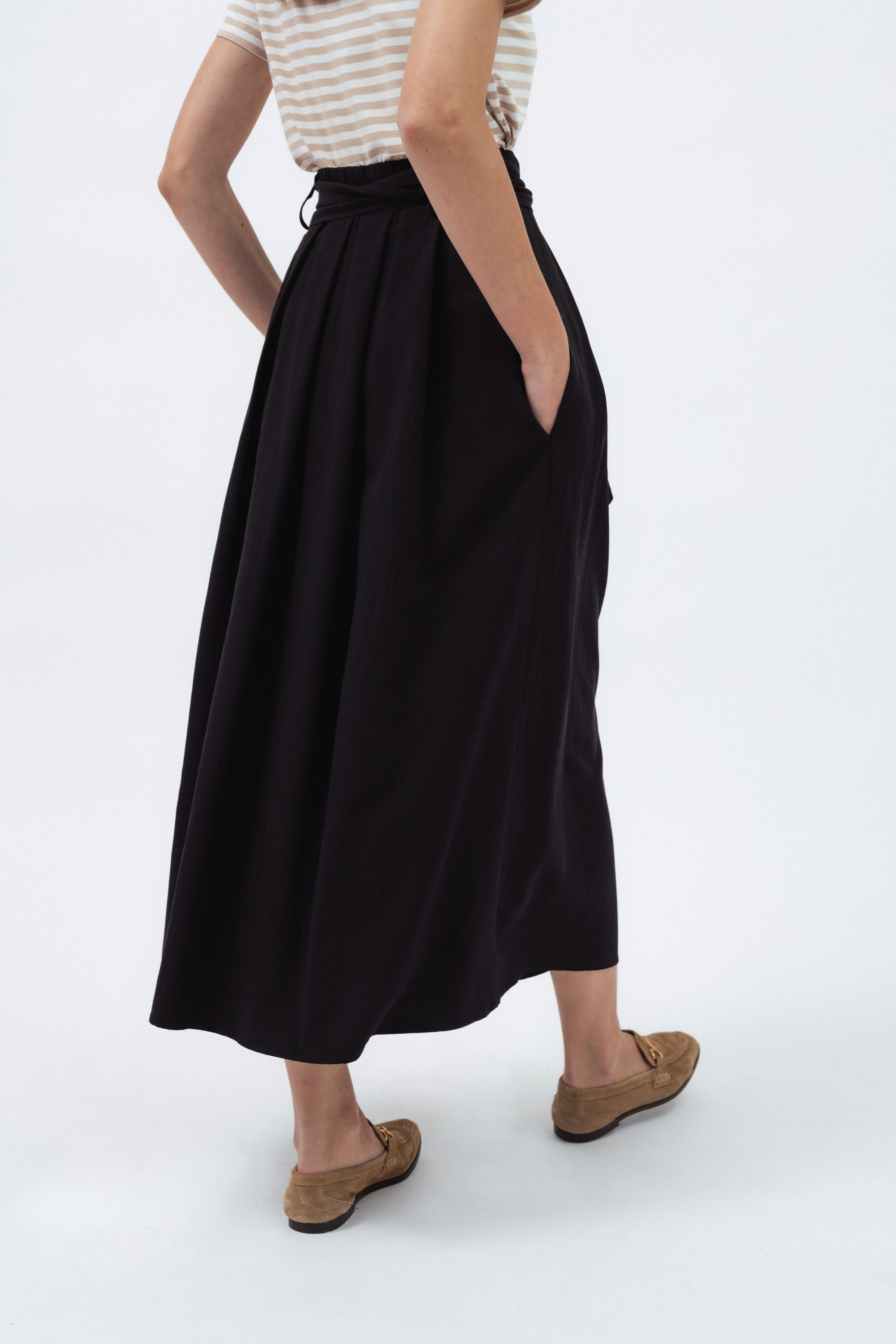 BLACK LINEN BLEND MIDI SKIRT WITH TIE BELT