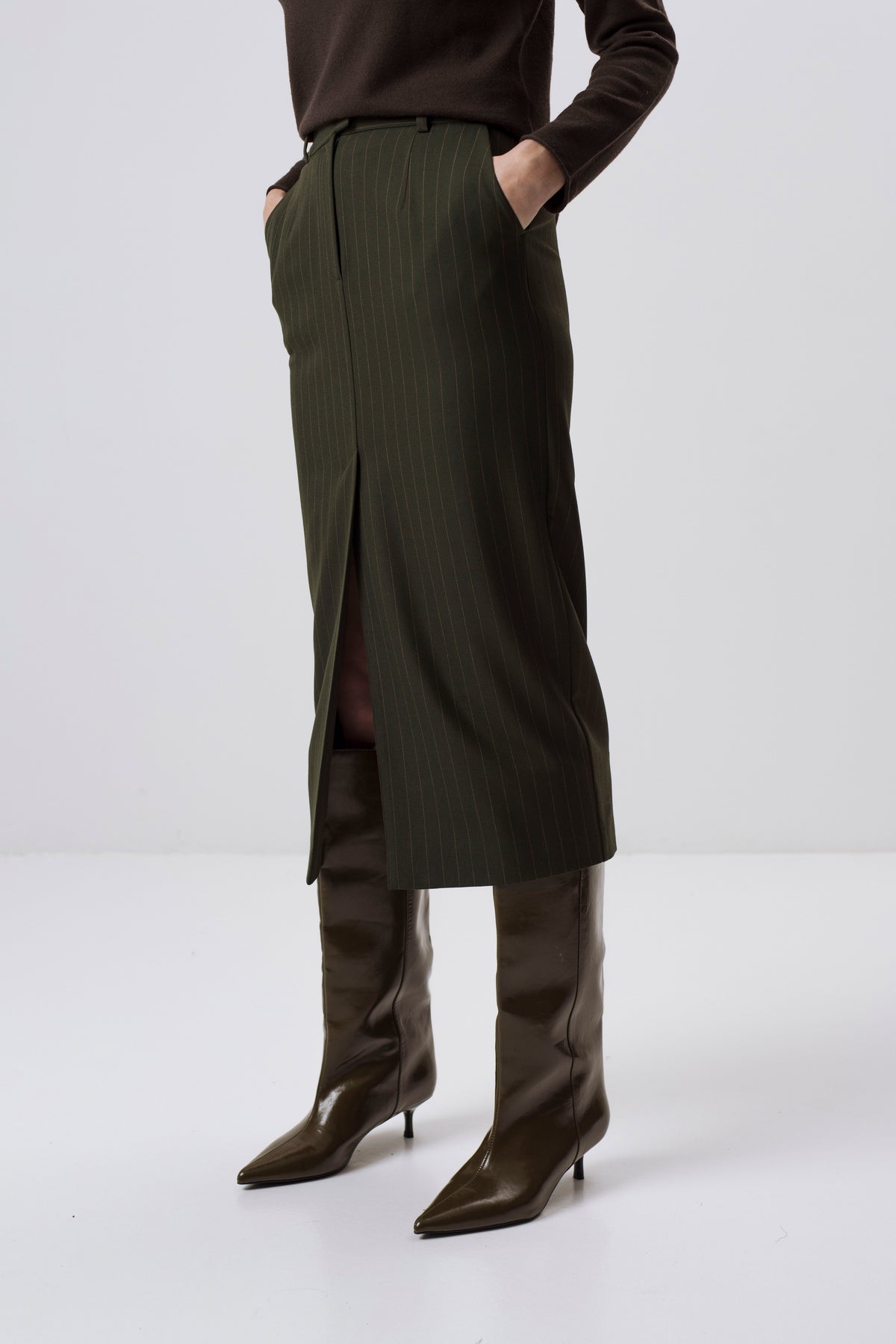 FOREST GREEN PINSTRIPE MIDI SKIRT