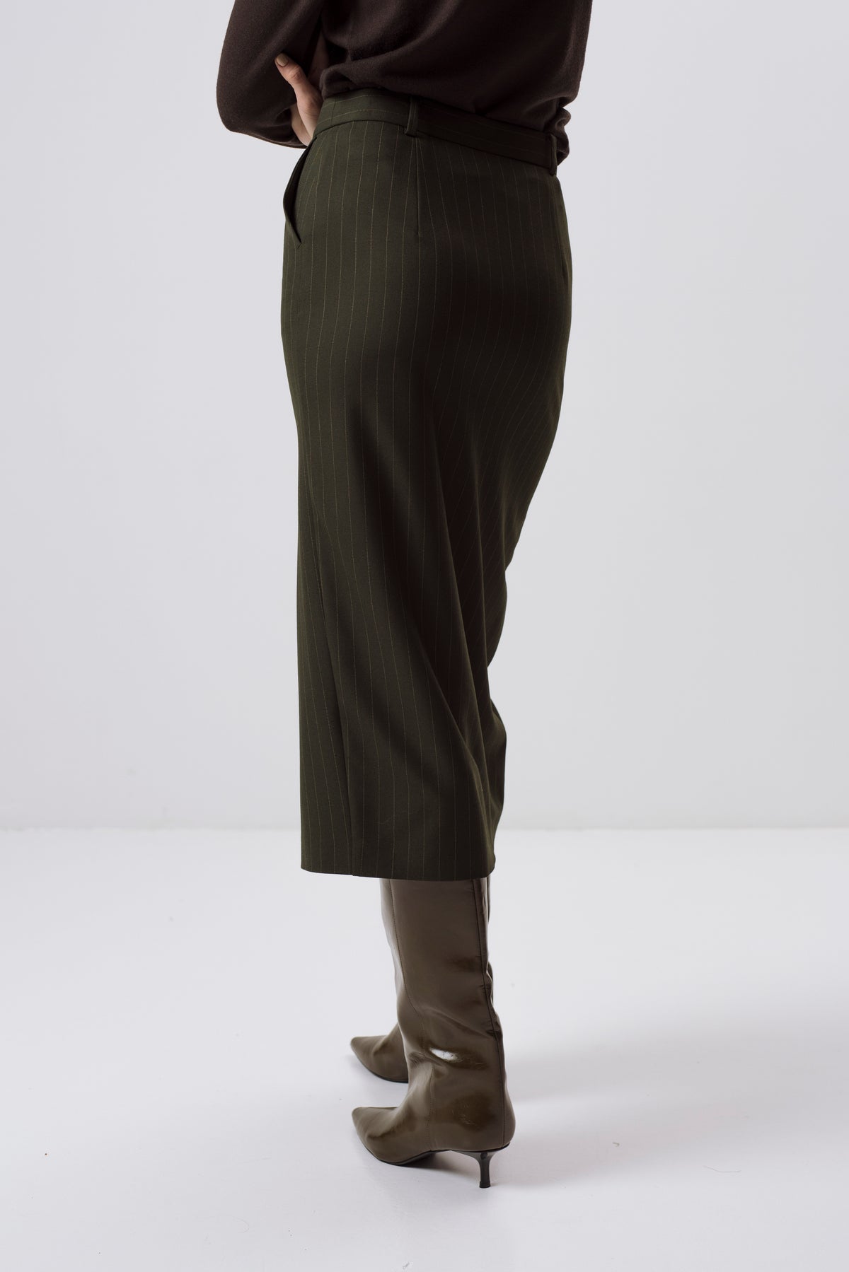 FOREST GREEN PINSTRIPE MIDI SKIRT