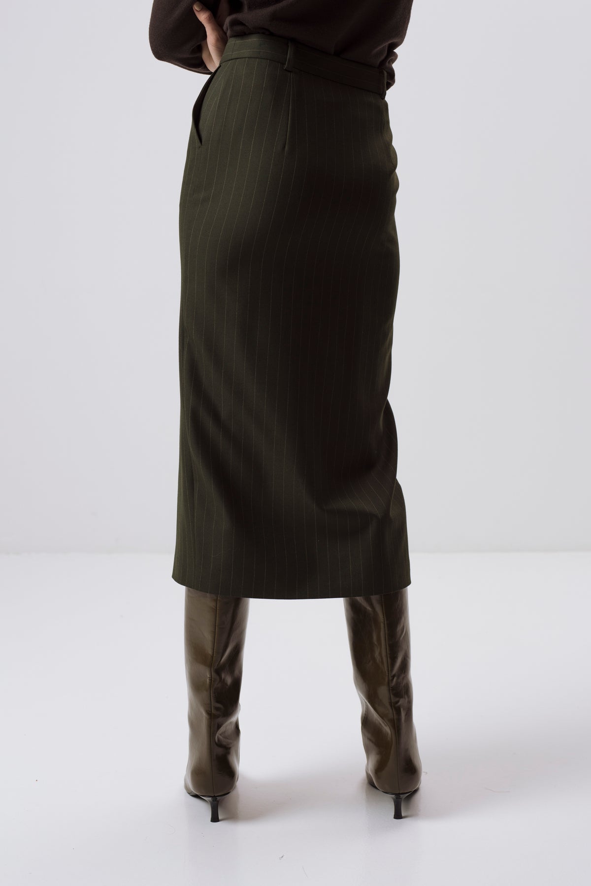 FOREST GREEN PINSTRIPE MIDI SKIRT