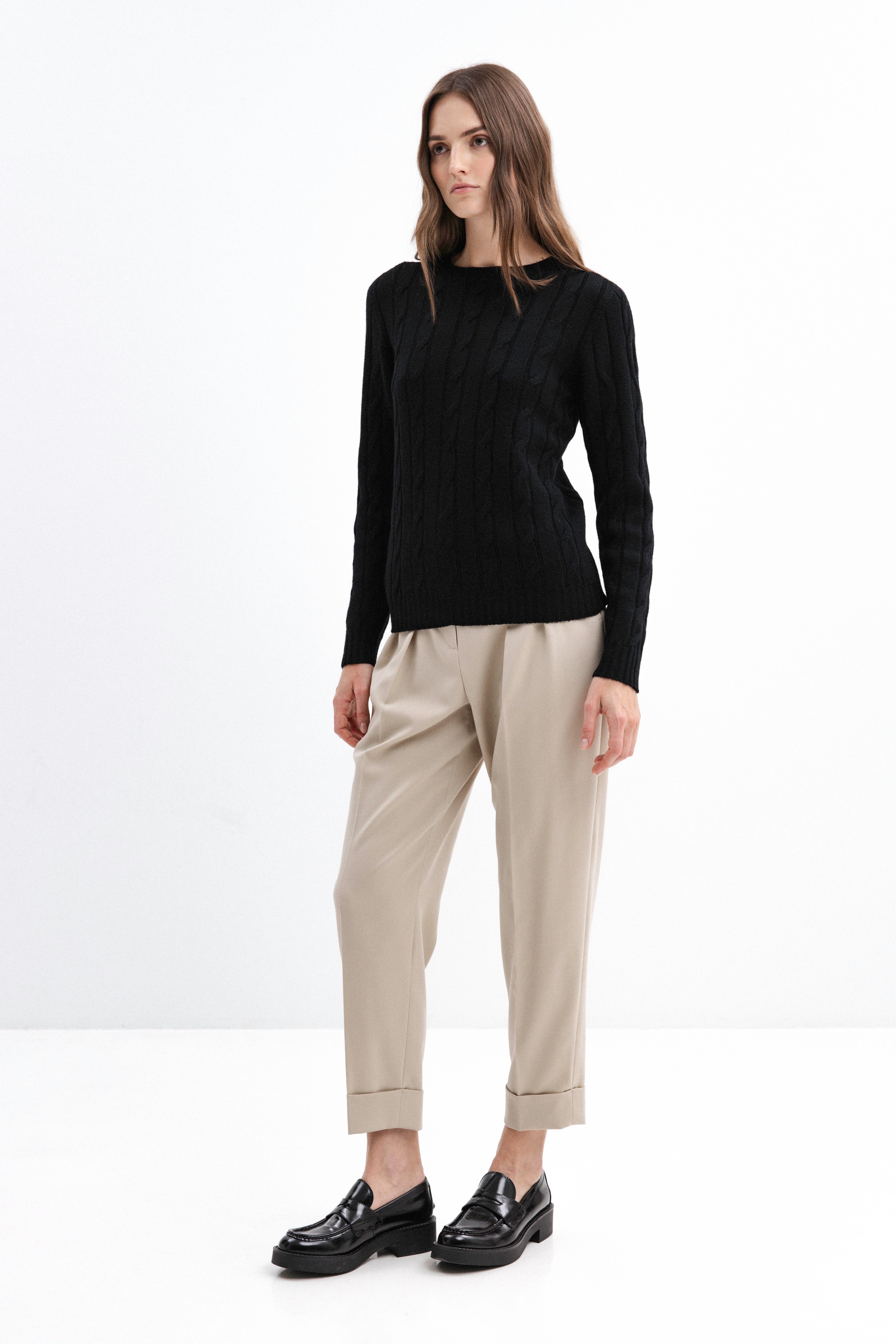 BLACK BRAIDED MERINO WOOL SWEATER