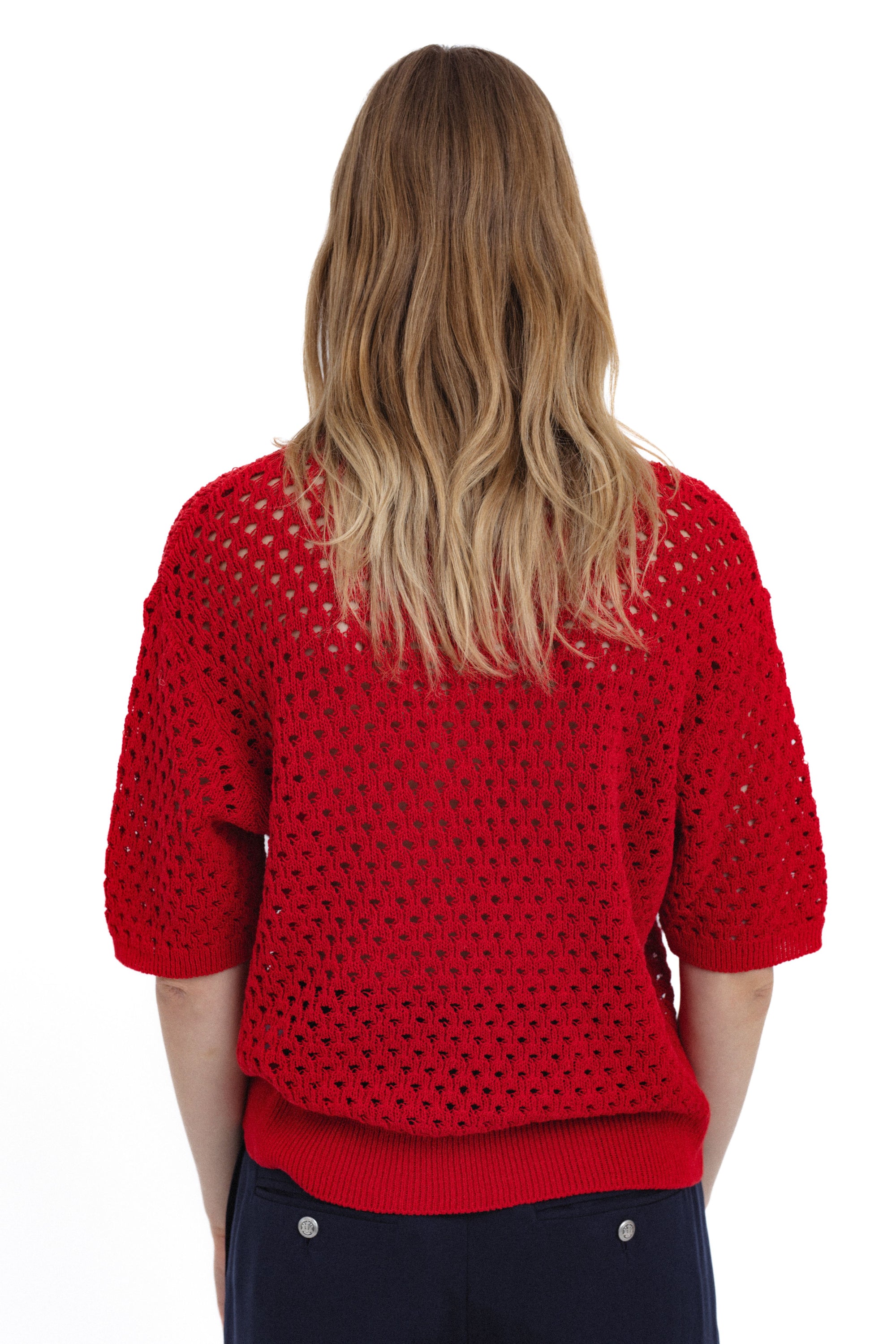 RED OPEN-KNIT POLO SWEATER