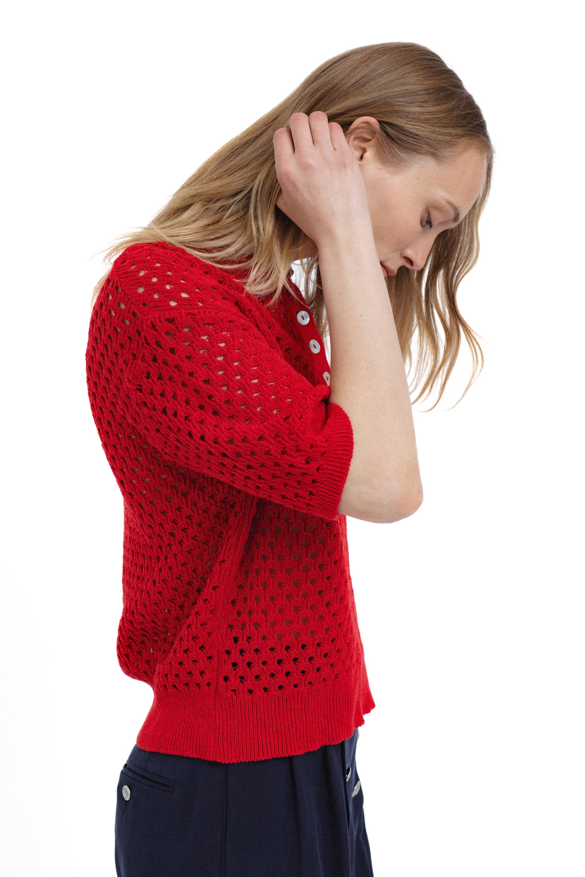 RED OPEN-KNIT POLO SWEATER