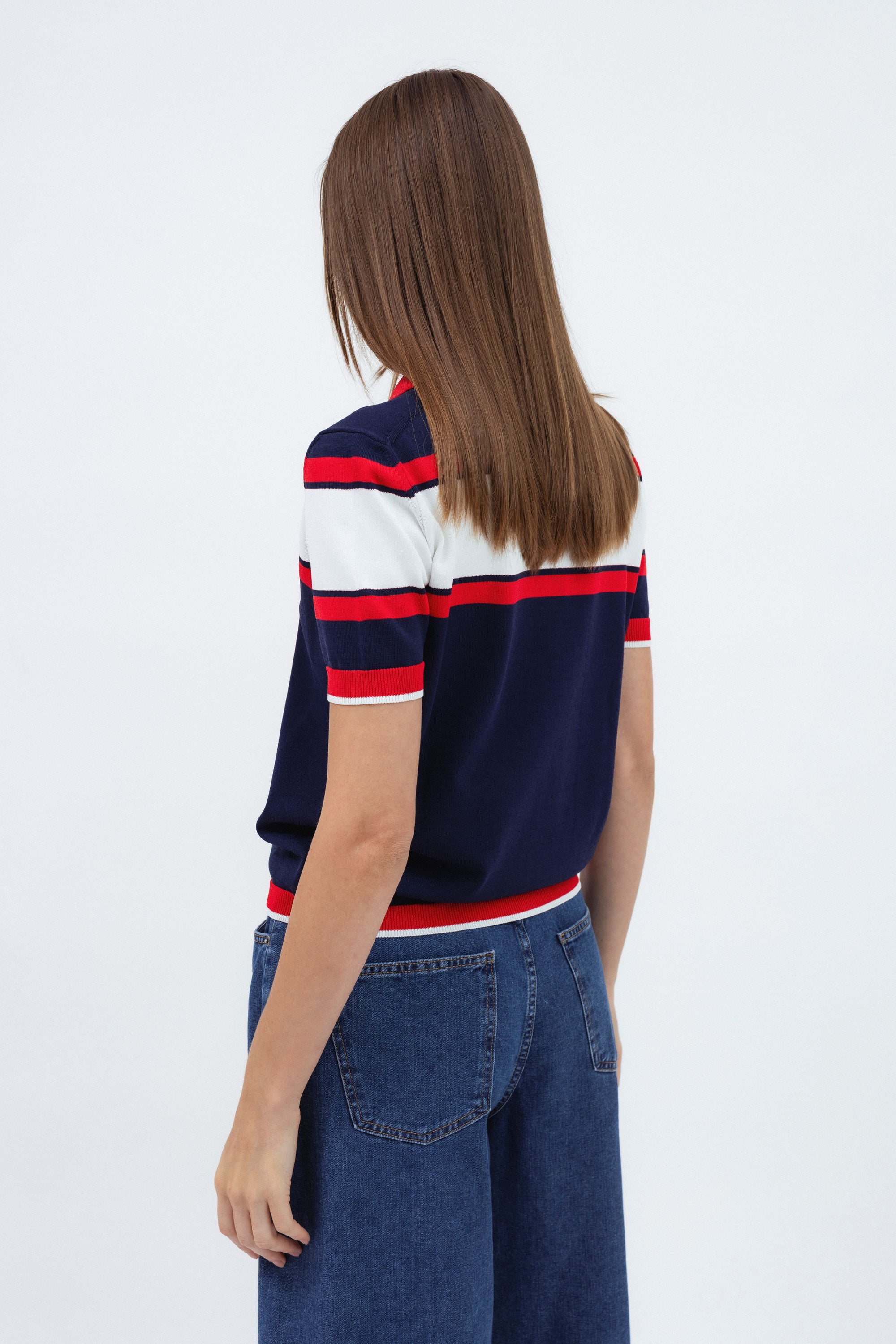 TAMSIAI MĖLYNAS DRYŽUOTAS POLO TIPO MEGZTINIS