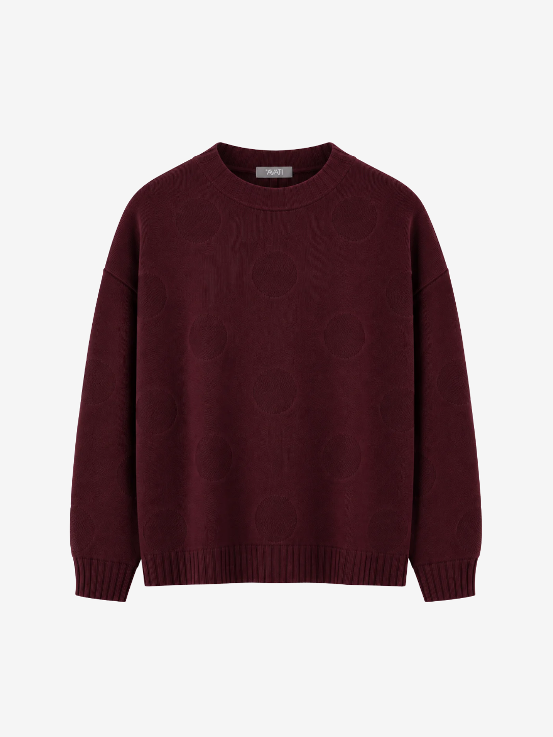BURGUNDERFARBENER WOLLPULLOVER MIT KREISMUSTER